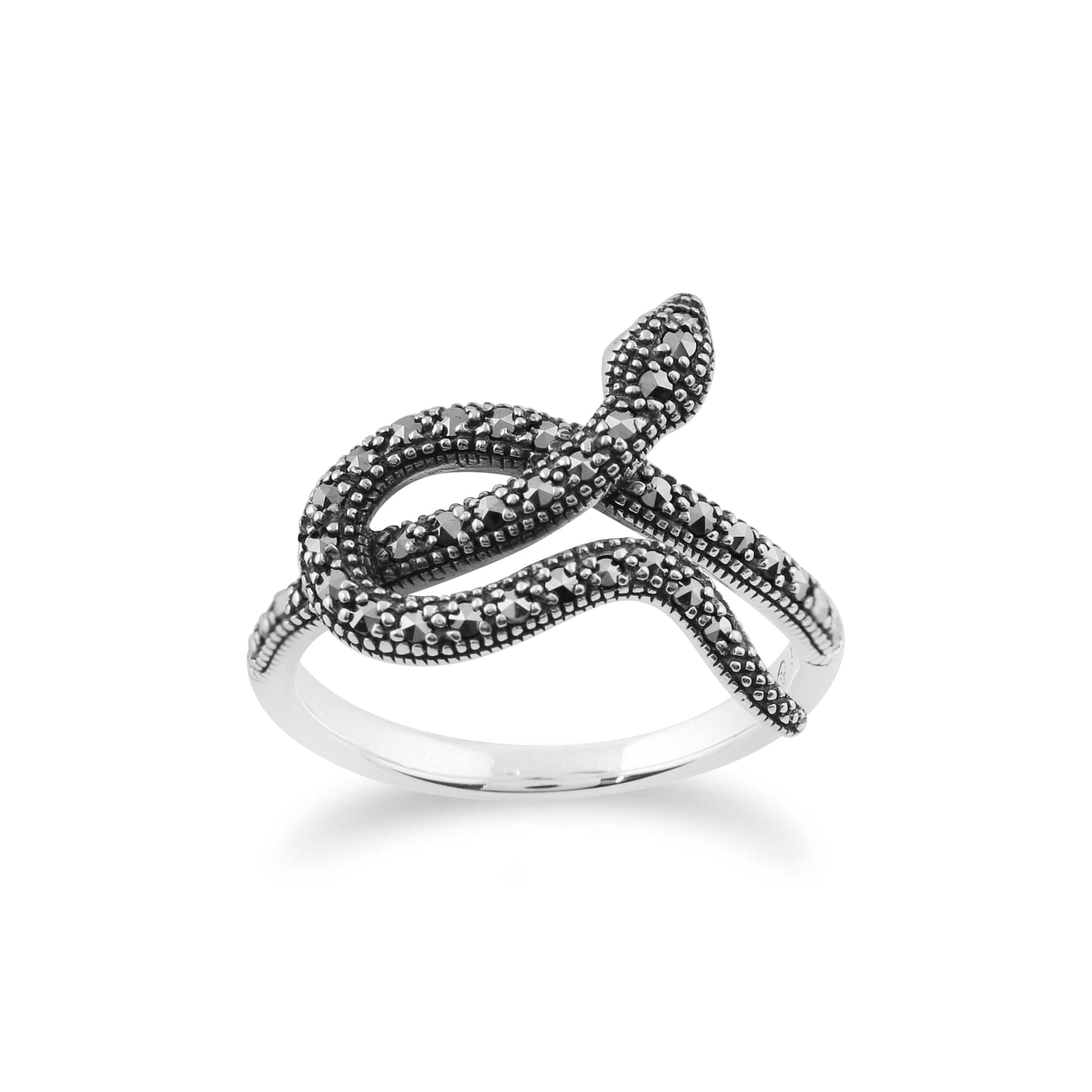 Product photograph of Art Nouveau Style Round Marcasite Snake Wrap Ring In 925 Sterling Silver from Gemondo Jewellery