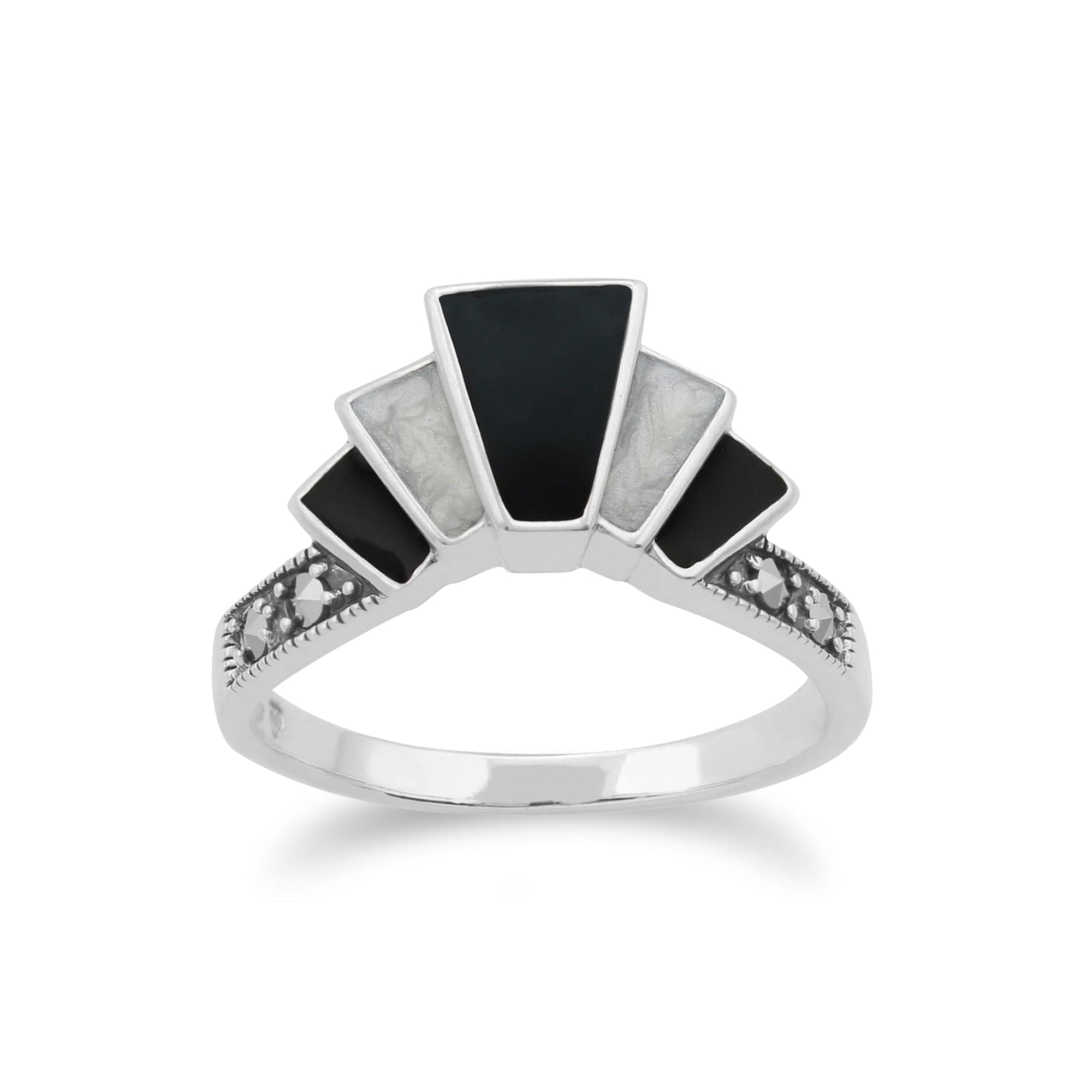 Product photograph of Art Deco Style Marcasite Black And White Enamel Gradient Fan Ring In 925 Sterling Silver from Gemondo Jewellery