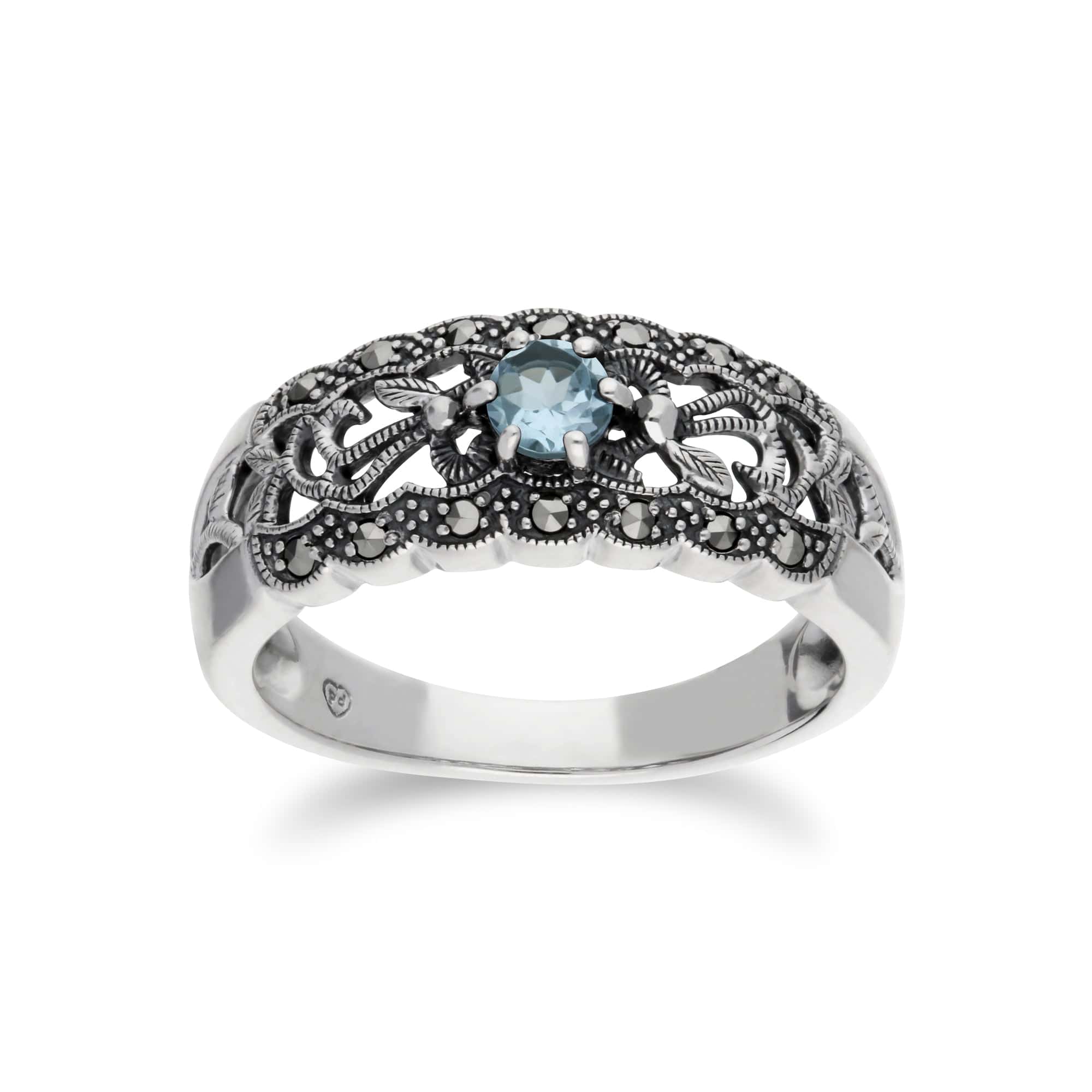 Product photograph of Art Nouveau Style Round Blue Topaz Marcasite Floral Band Ring In Sterling Silver from Gemondo Jewellery