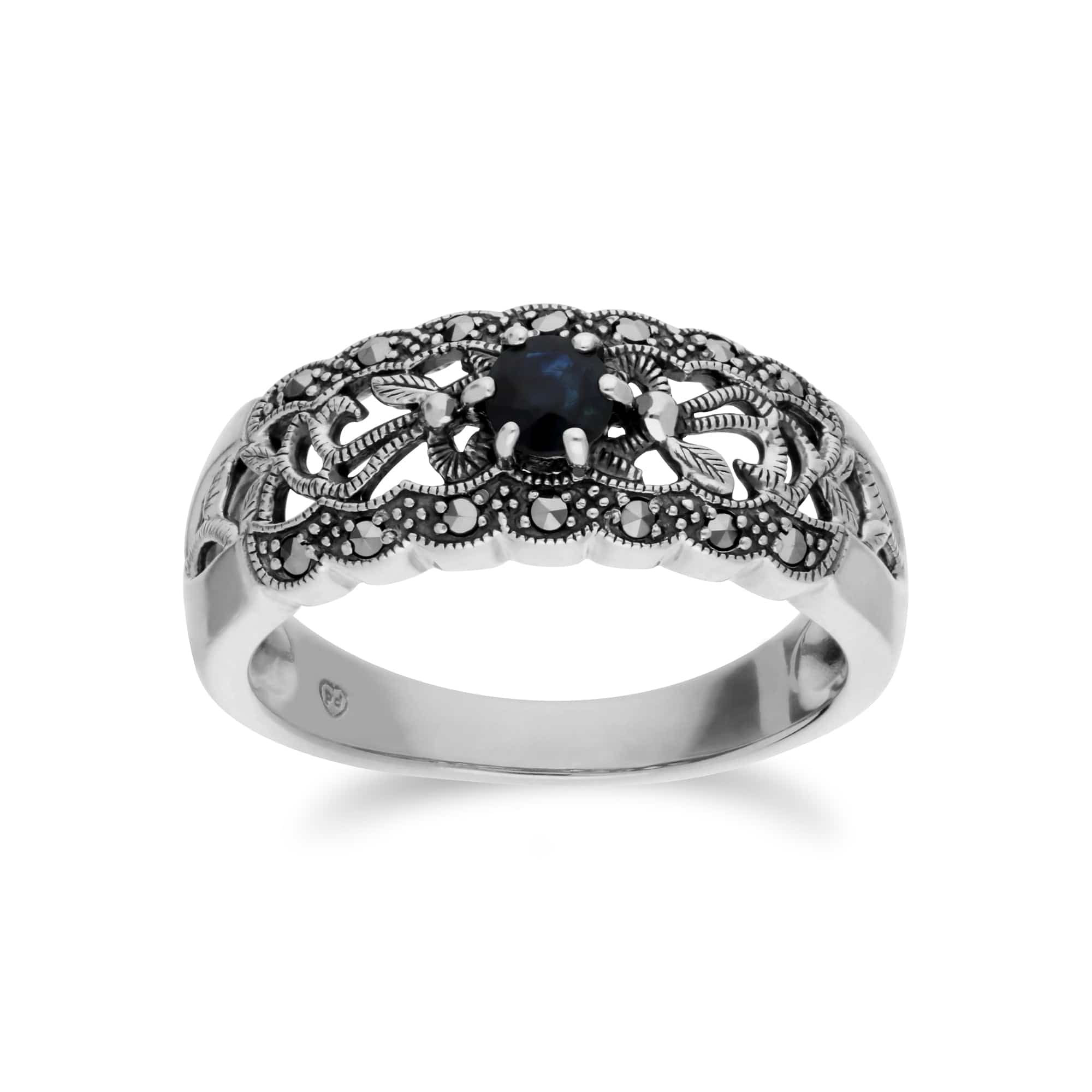 Product photograph of Art Nouveau Style Round Sapphire Marcasite Floral Band Ring In Sterling Silver from Gemondo Jewellery