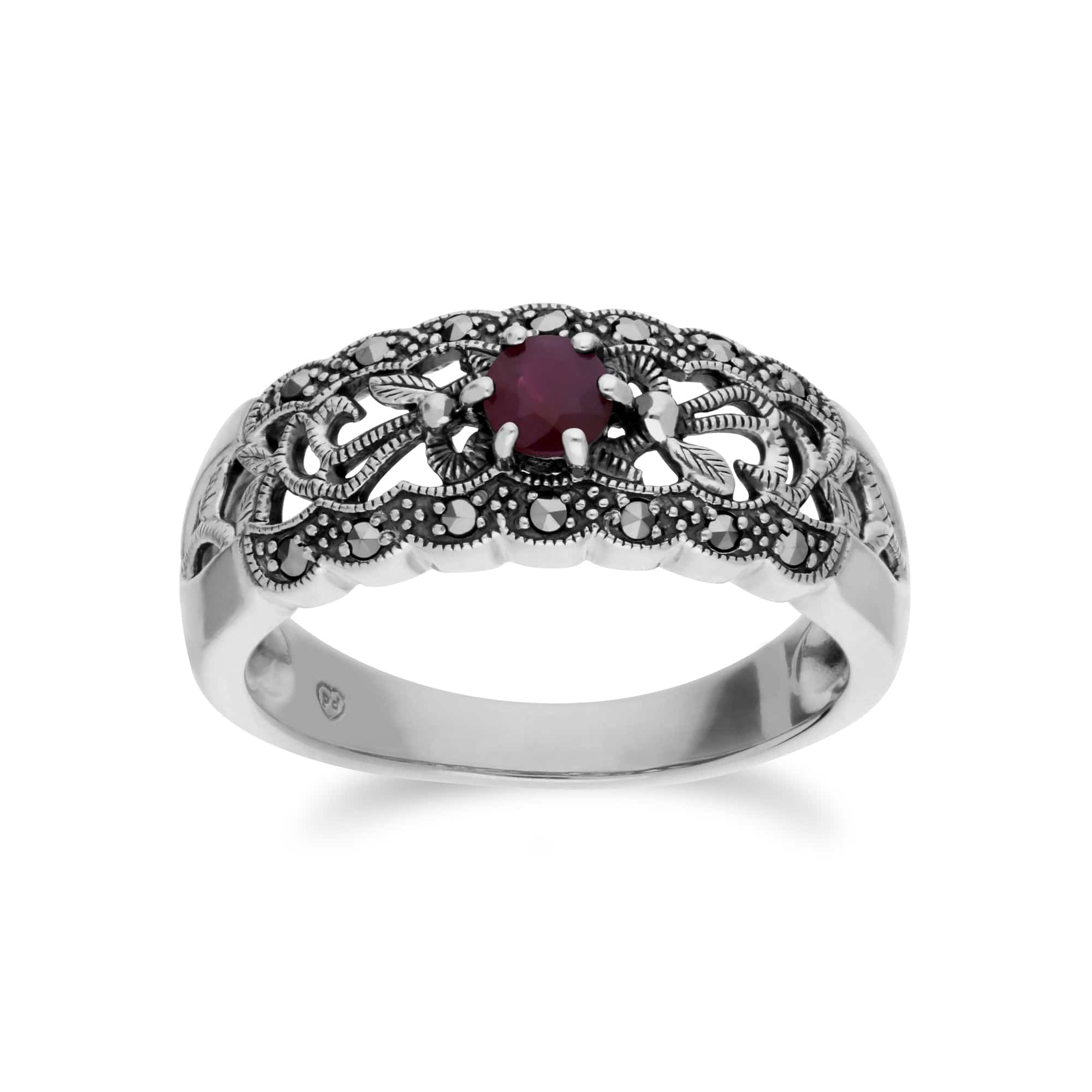 Product photograph of Art Nouveau Style Round Ruby Marcasite Floral Band Ring In Sterling Silver from Gemondo Jewellery