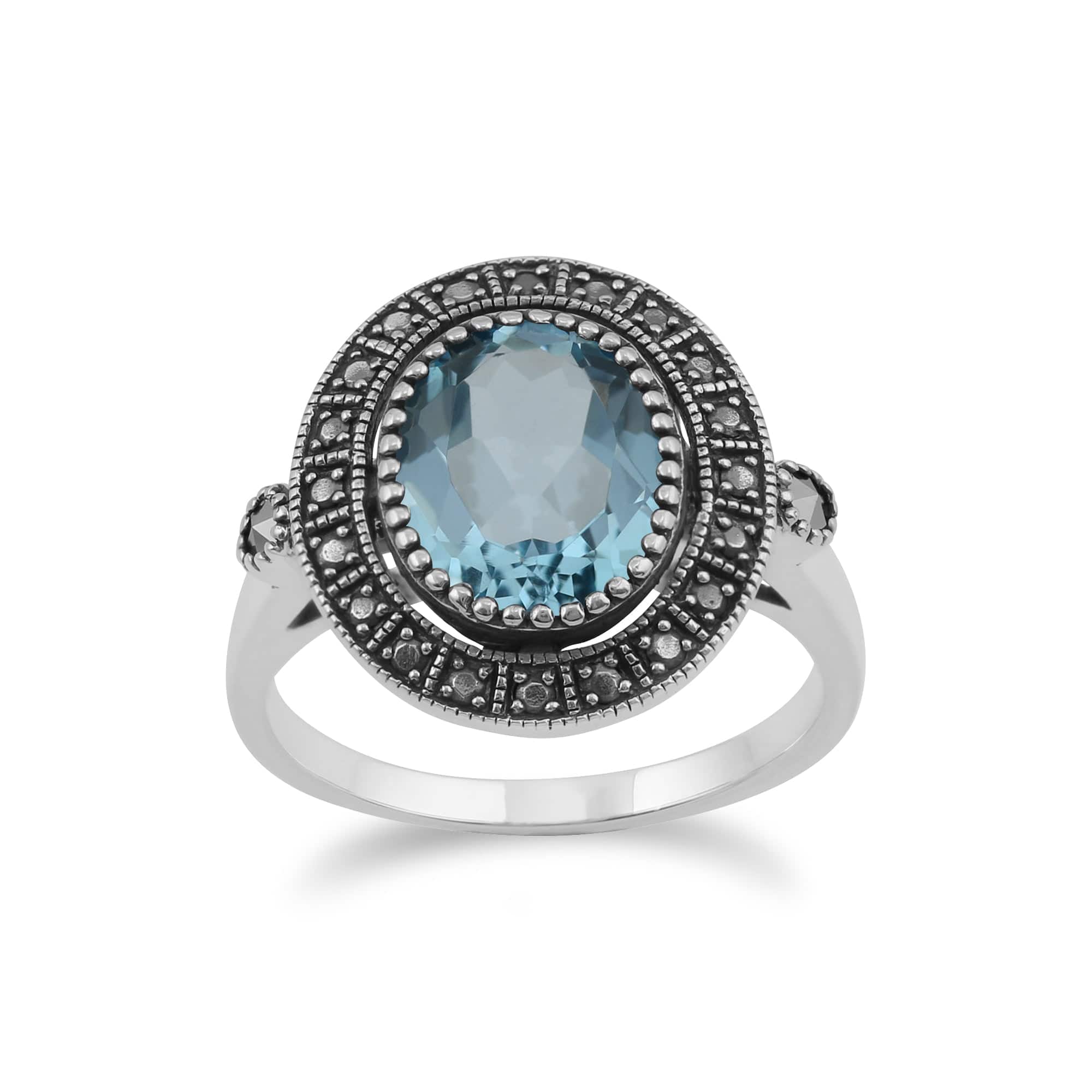 Image of Art Deco Style Oval Blue Topaz & Marcasite Statement Cocktail Ring In Sterling Silver