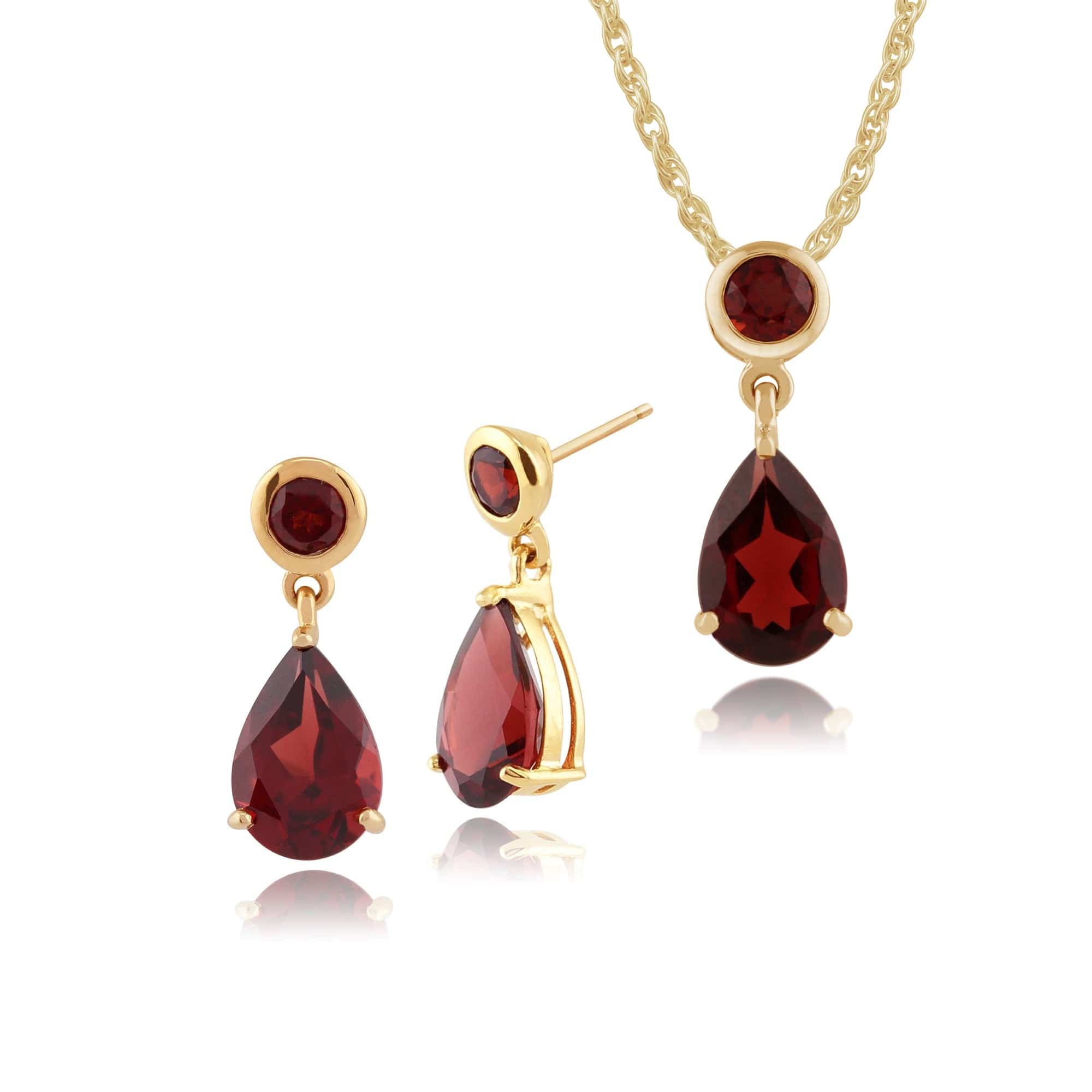 Product photograph of Classic Pear Round Garnet Drop Earrings Pendant Set In 9ct Gold from Gemondo Jewellery