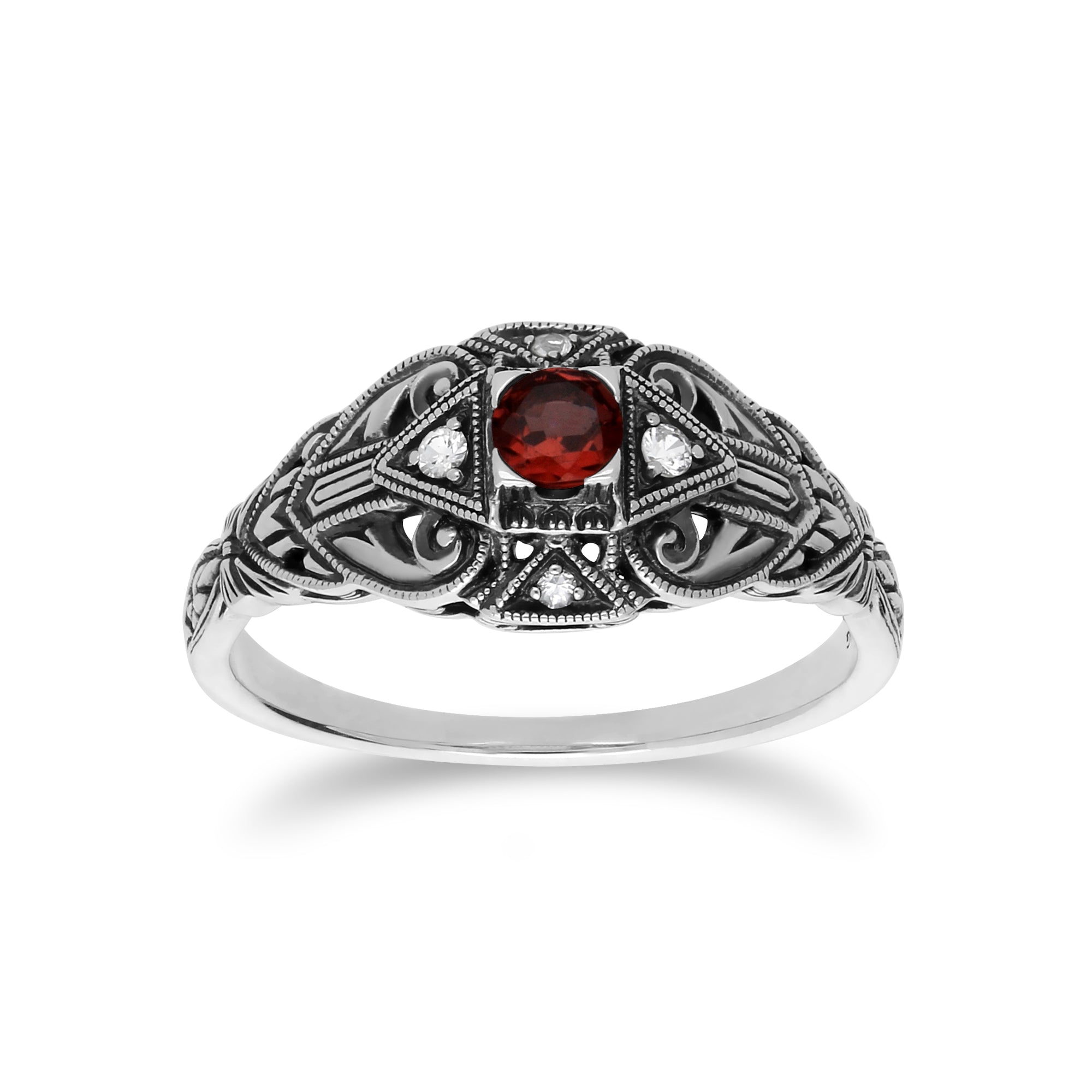 Product photograph of Art Deco Style Round Garnet White Topaz Ring In 925 Sterling Silver from Gemondo Jewellery