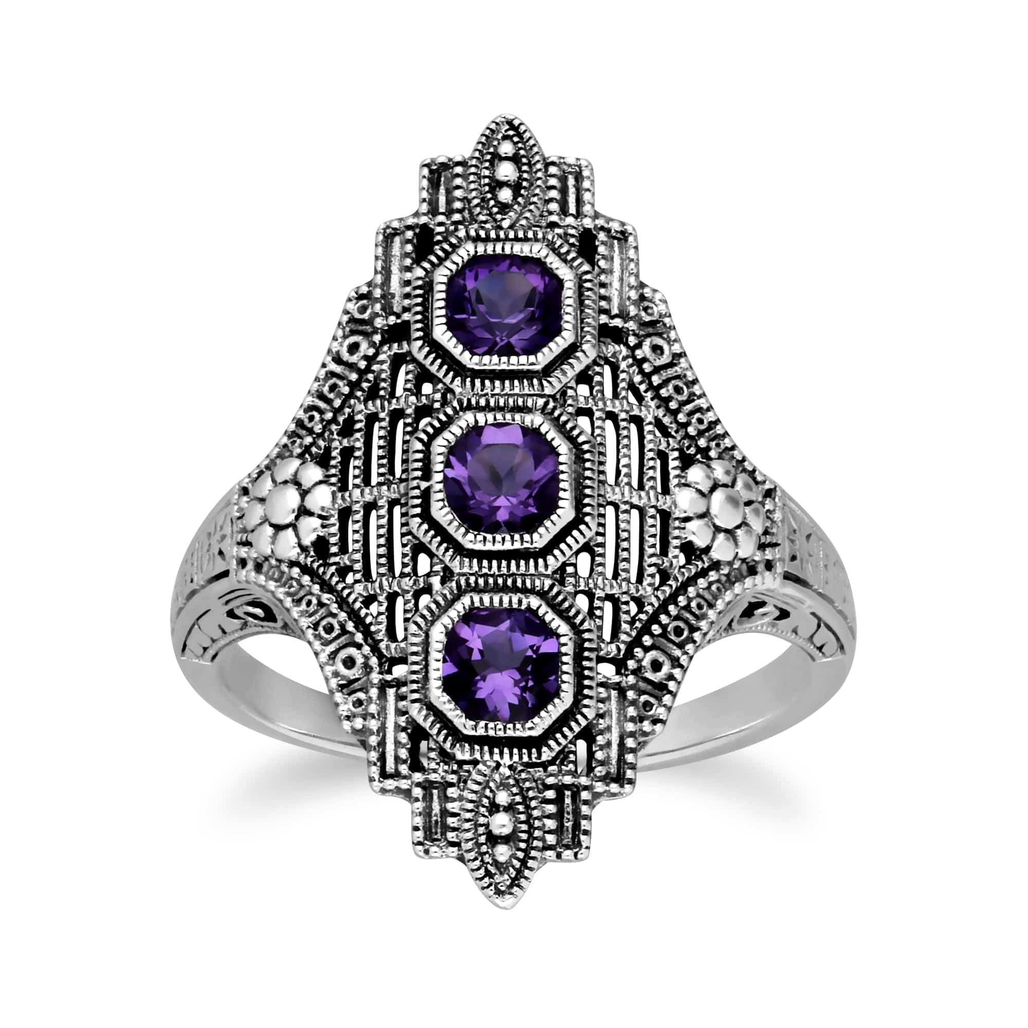 Product photograph of Art Nouveau Style Octagon Amethyst Three Stone Filigree Statement Ring In 925 Sterling Silver from Gemondo Jewellery