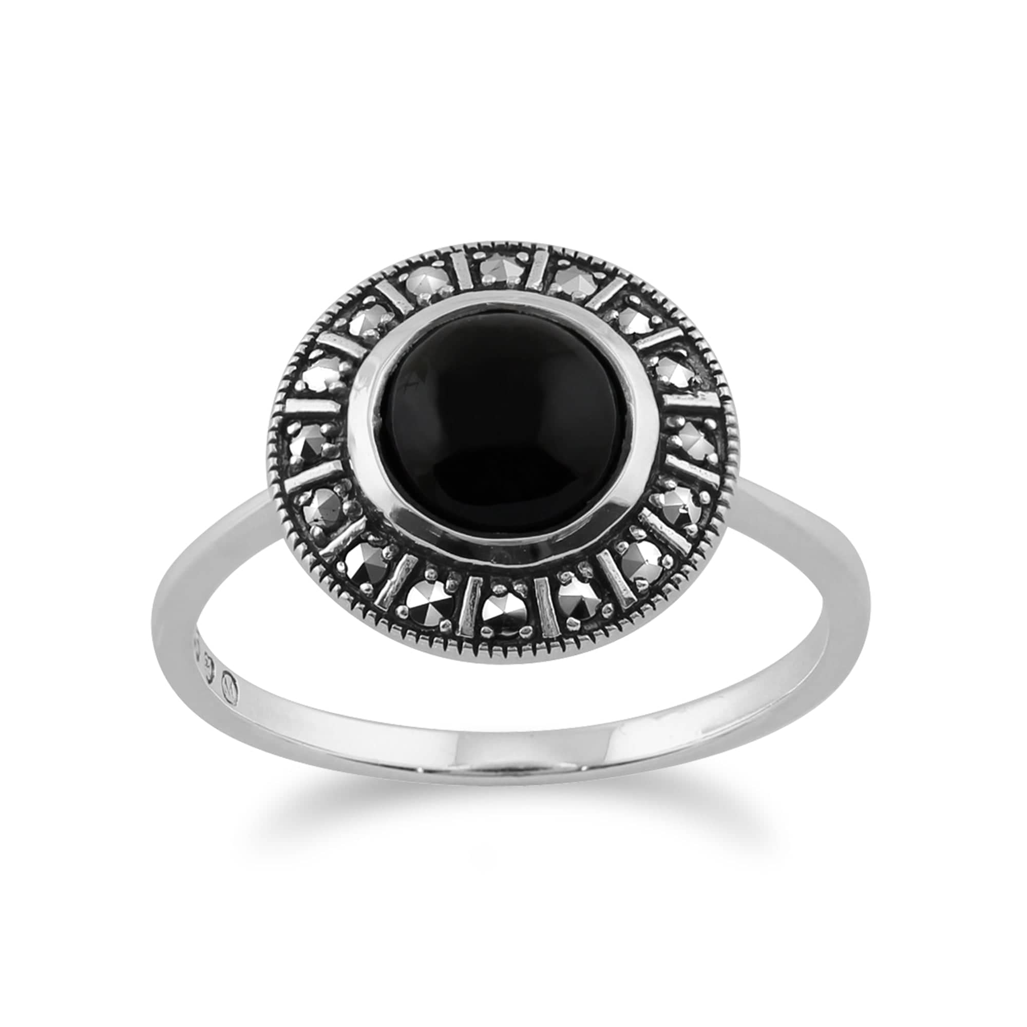 Image of Art Deco Style Round Black Onyx Cabochon & Marcasite Halo Ring in 925 Sterling Silver