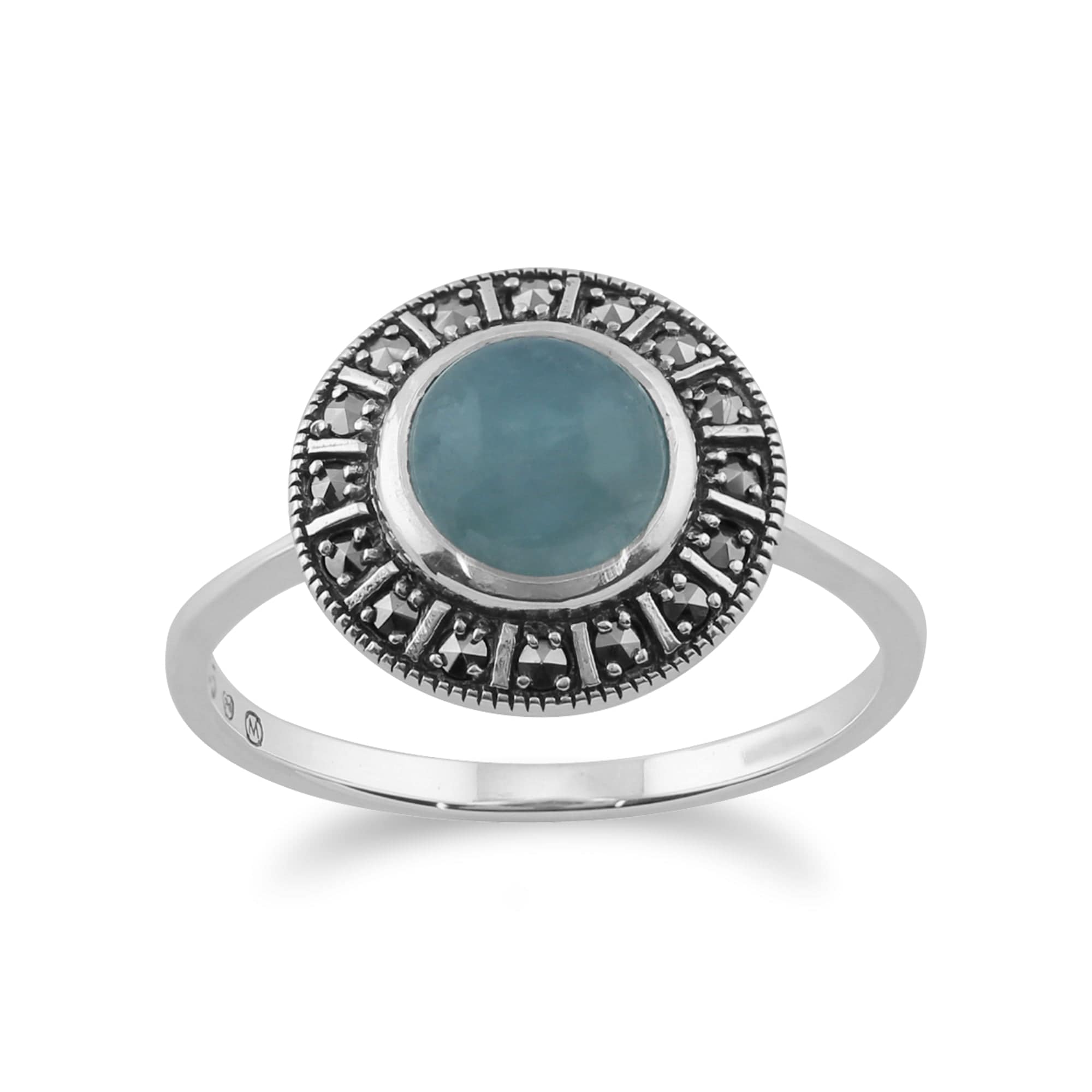 Product photograph of Art Deco Style Round Milky Aquamarine Cabochon Marcasite Silver Halo Ring from Gemondo Jewellery