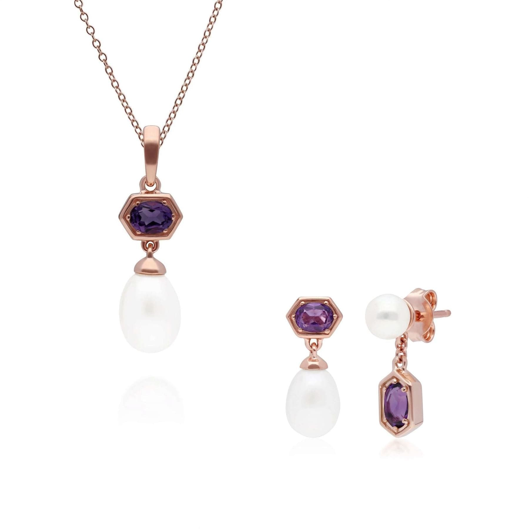 Image of Modern Pearl & Amethyst Pendant & Earring Set in Rose Gold Plated Silver