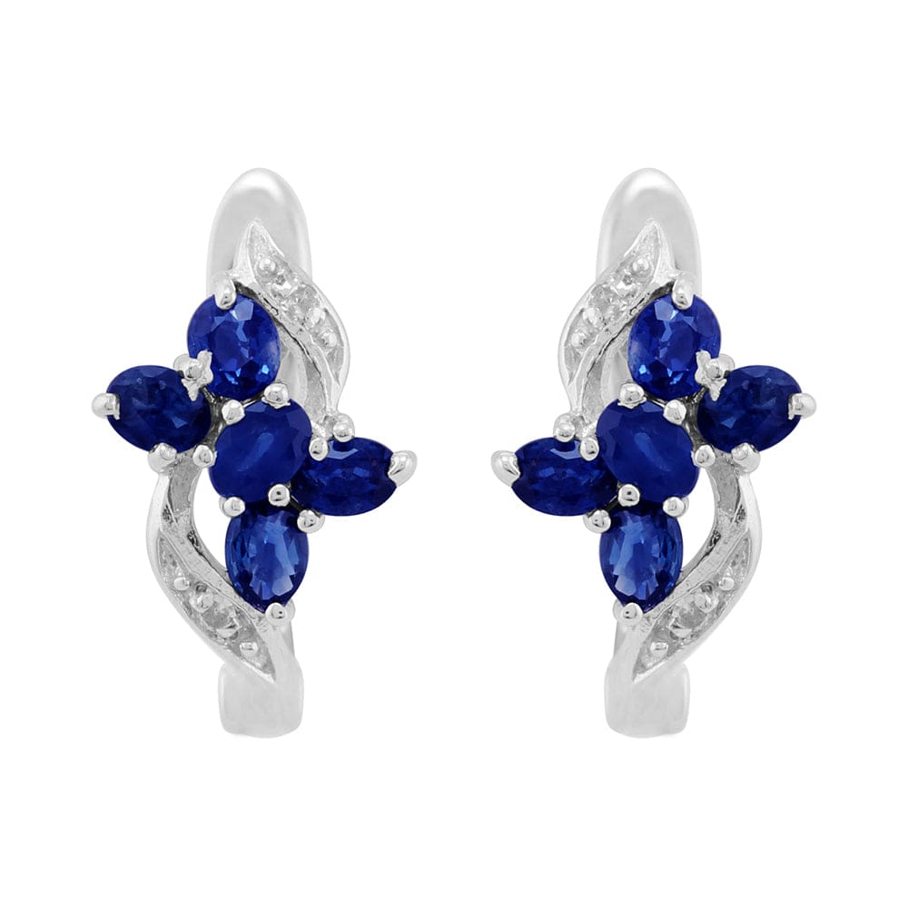 Product photograph of Classic Floral Sapphire Diamond Hoop Earrings In Sterling Silver from Gemondo Jewellery