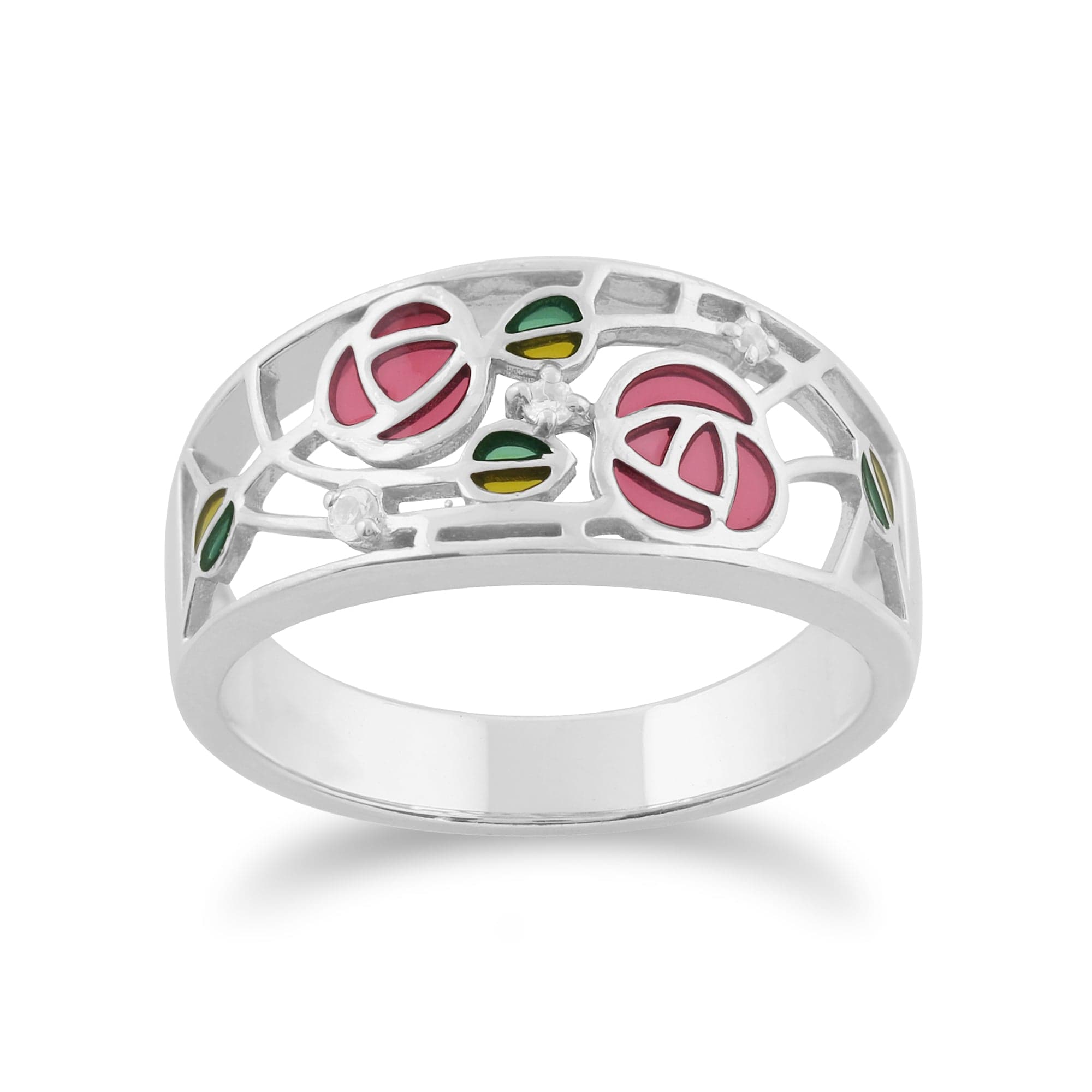 Product photograph of Rennie Mackintosh Round White Topaz Glasgow Rose Band Ring In 925 Sterling Silver from Gemondo Jewellery