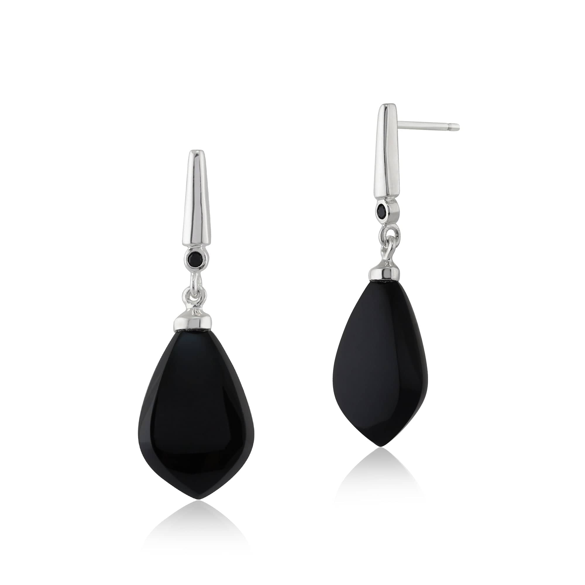 Image of Art Deco Style Pear Black Onyx & Black Spinel Drop Earrings in 925 Sterling Silver