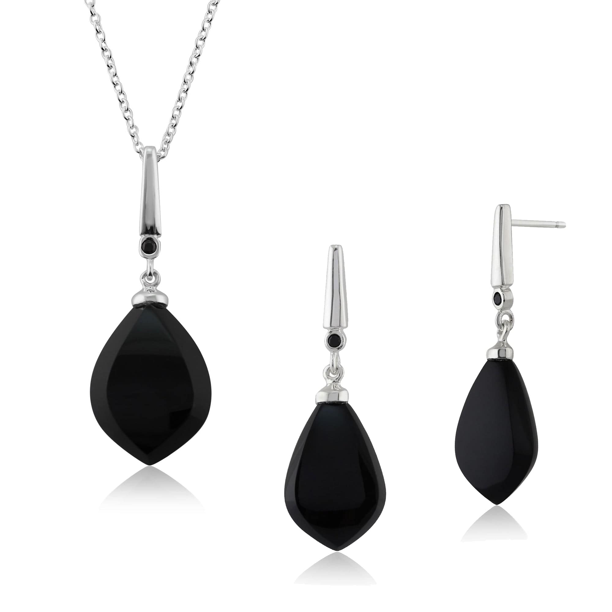 Image of Art Deco Style Onyx & Spinel Drop Earrings & Pendant Set in Sterling Silver