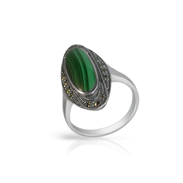 Product photograph of Art Deco Style Oval Malachite Cabochon Cocktail Ring In 925 Sterling Silver from Gemondo Jewellery