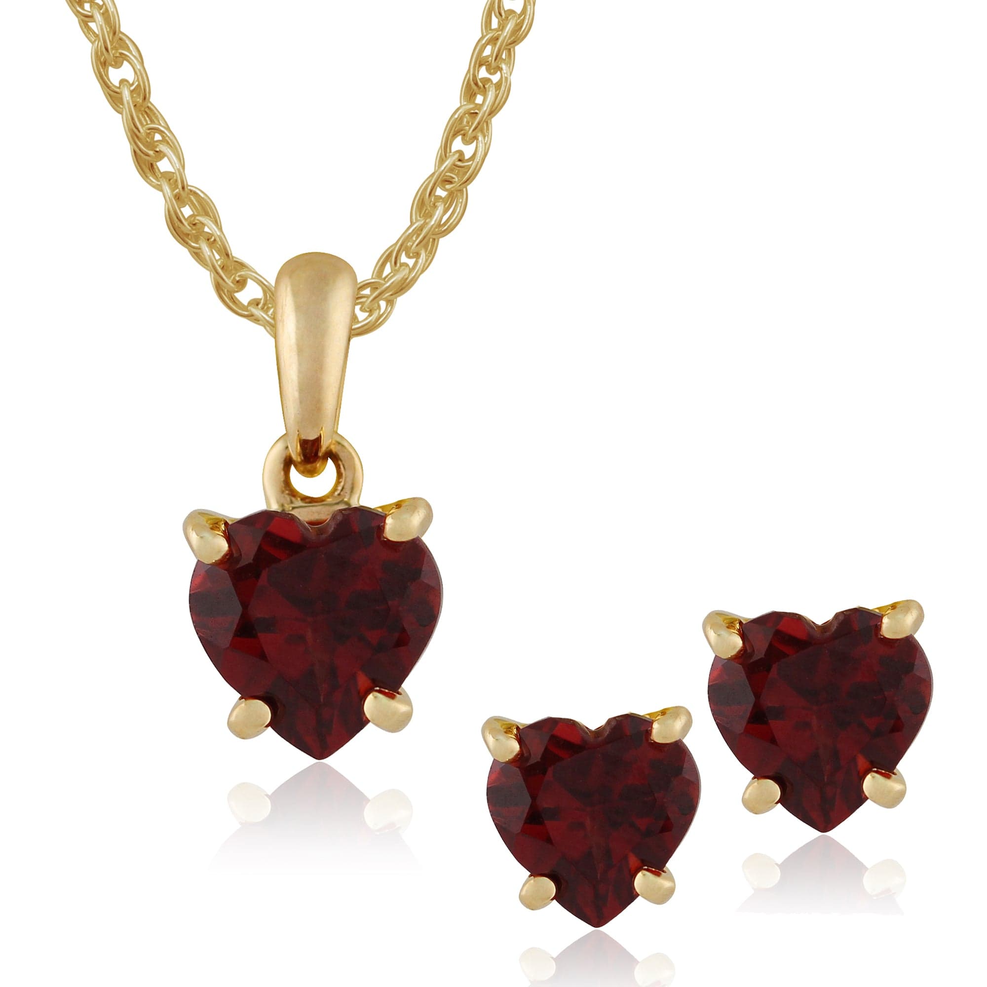 Product photograph of Classic Heart Garnet Single Stone Heart Stud Earrings Pendant Set In 9ct Yellow Gold from Gemondo Jewellery