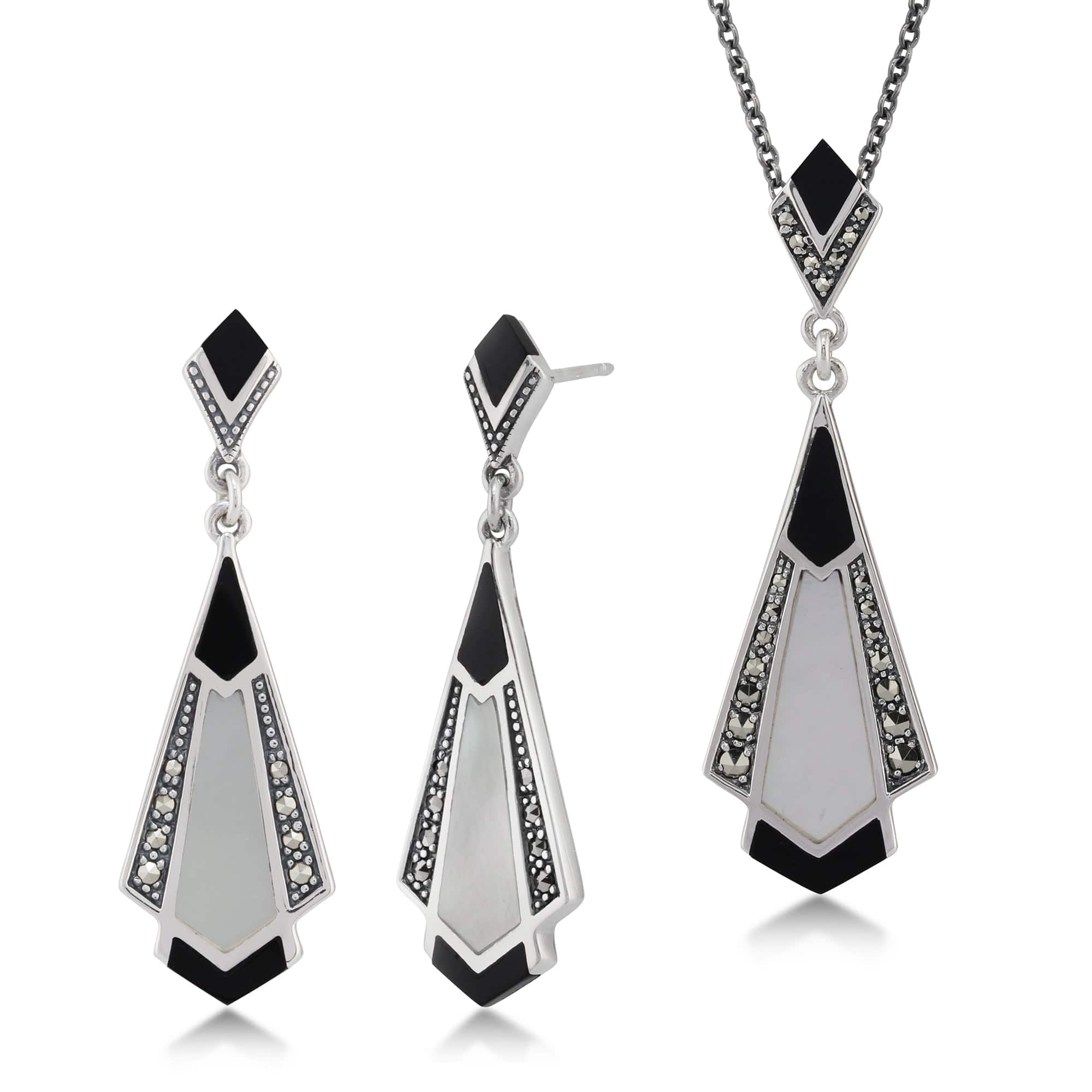 Product photograph of Art Deco Style Onyx Mother Of Pearl Marcasite Fan Drop Earrings Necklace Set In 925 Sterling Silver from Gemondo Jewellery