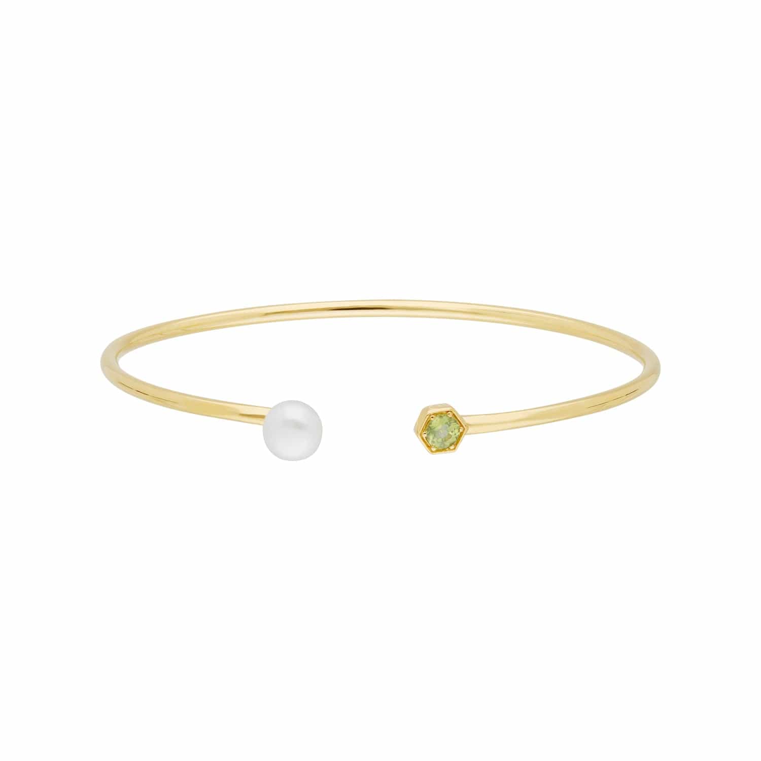 Product photograph of Geometric Pearl Peridot Open Bangle In Gold Plated Silver from Gemondo Jewellery