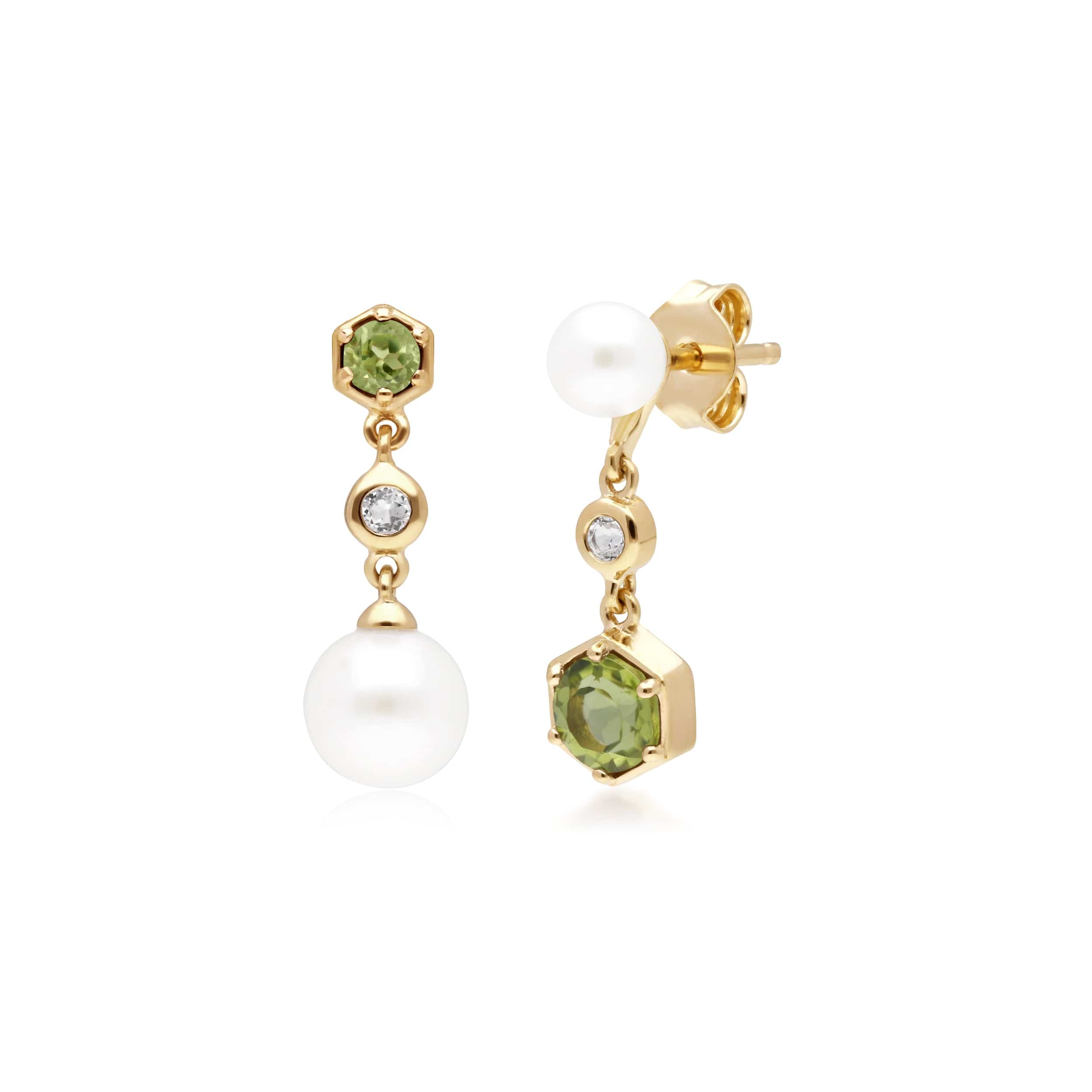 Photos - Earrings Modern Pearl, Peridot & Topaz Mismatched Drop  in Gold Plated Silv