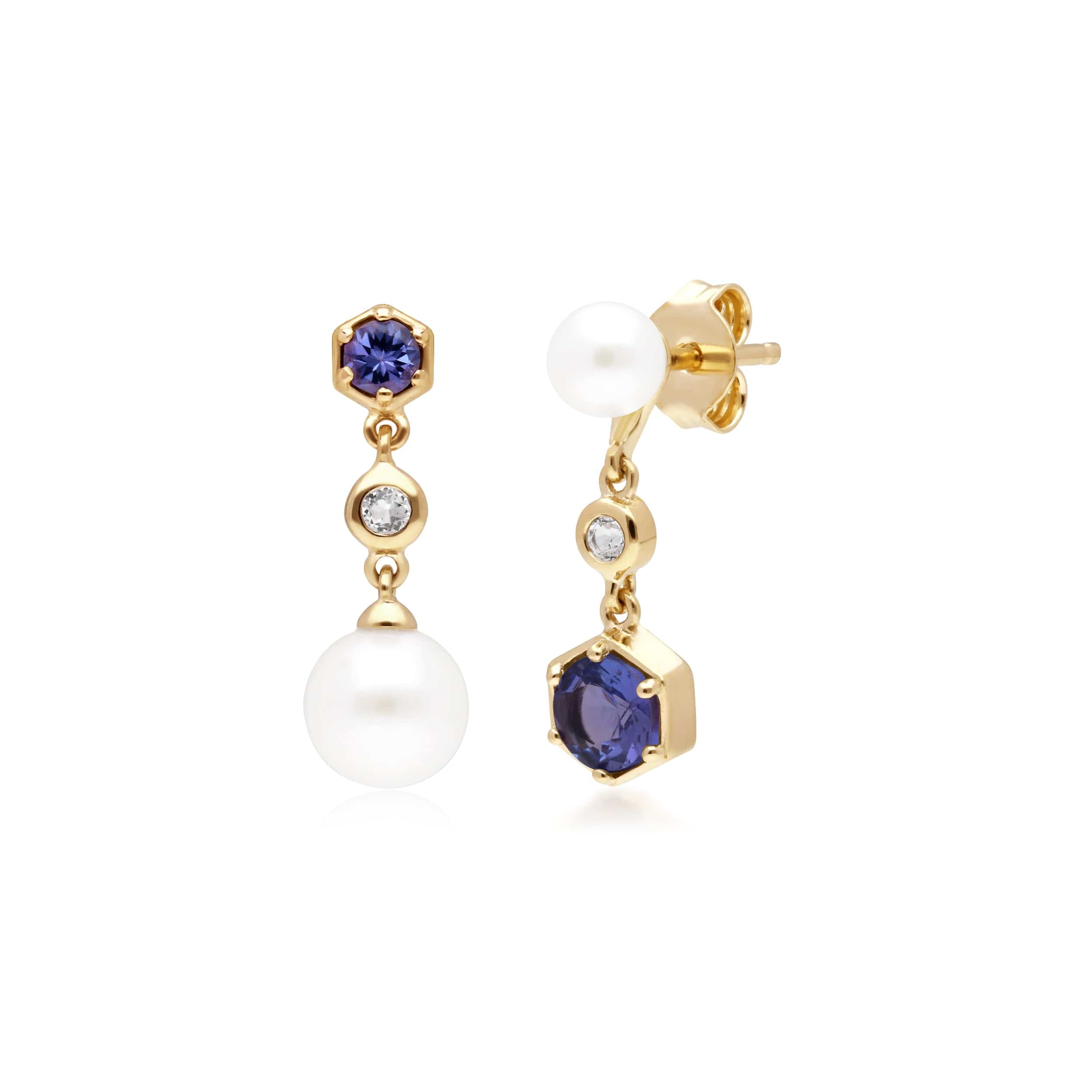 Product photograph of Modern Pearl Tanzanite Topaz Mismatched Drop Earrings In Gold Plated Silver from Gemondo Jewellery