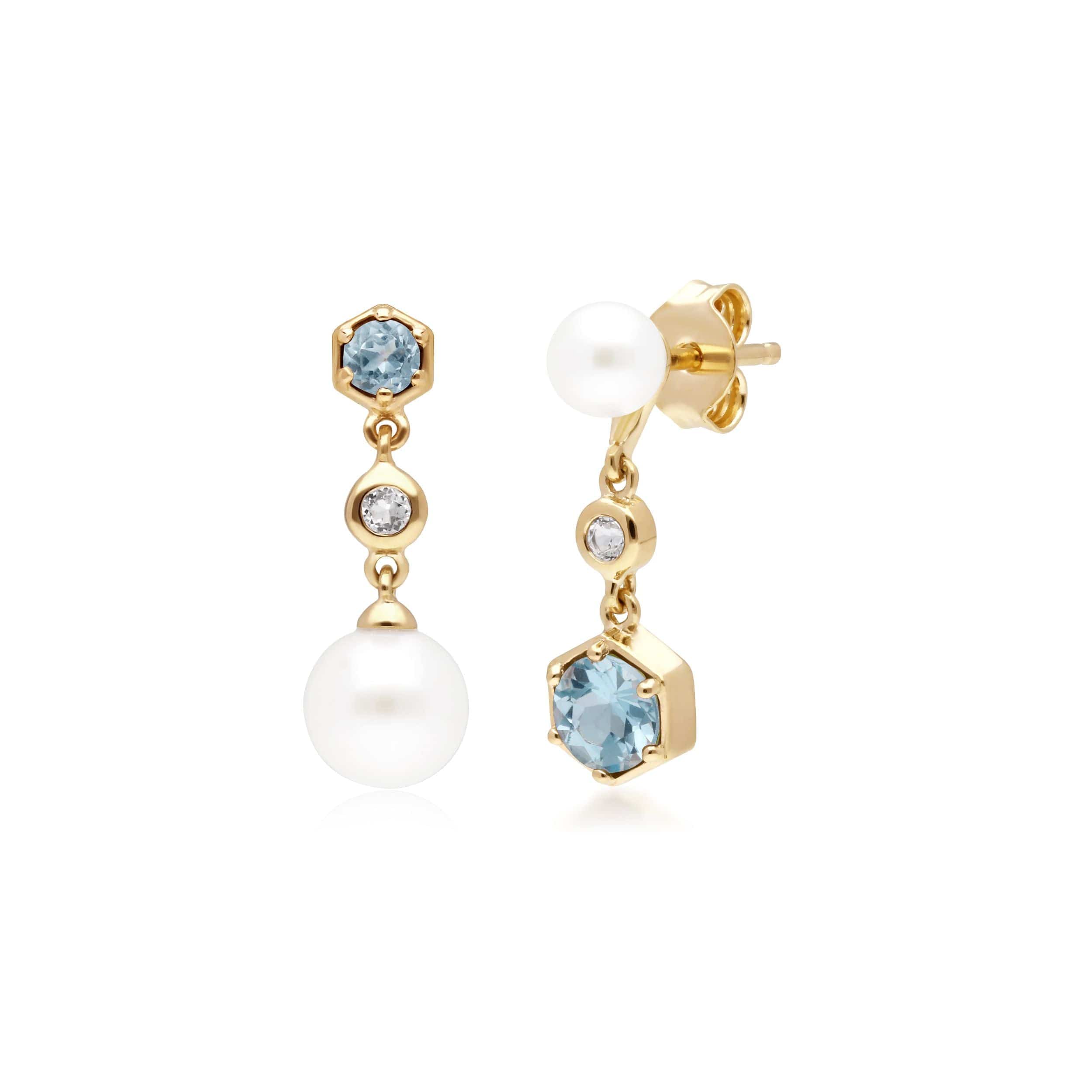 Product photograph of Modern Pearl White Blue Topaz Mismatched Drop Earrings In Gold Plated Silver from Gemondo Jewellery