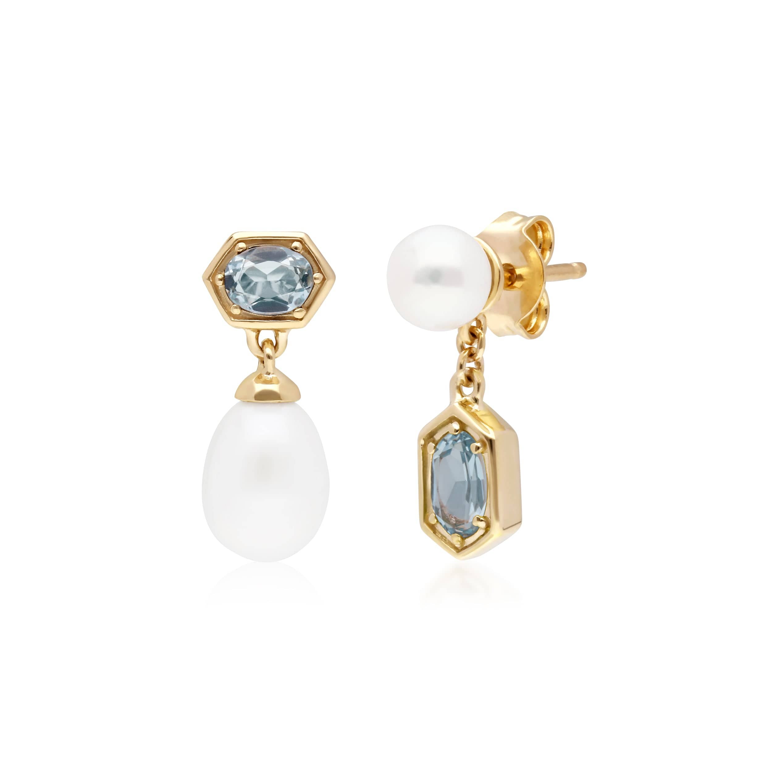 Product photograph of Modern Pearl Blue Topaz Mismatched Drop Earrings In Gold Plated Silver from Gemondo Jewellery