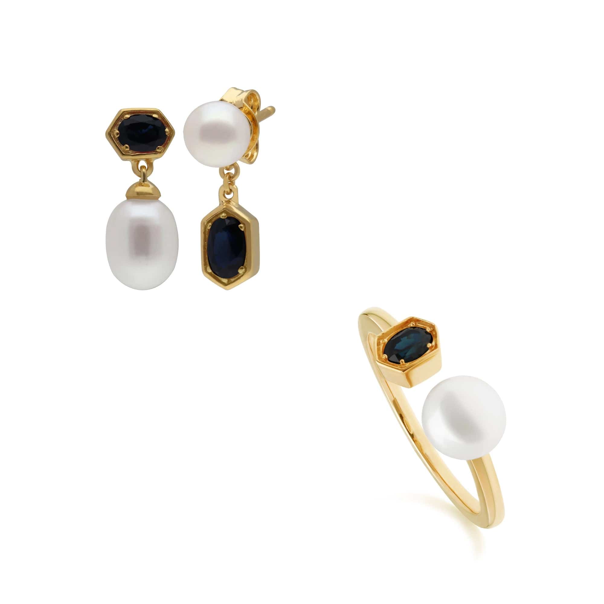 Product photograph of Modern Pearl Sapphire Earring Ring Set In Gold Plated Silver from Gemondo Jewellery