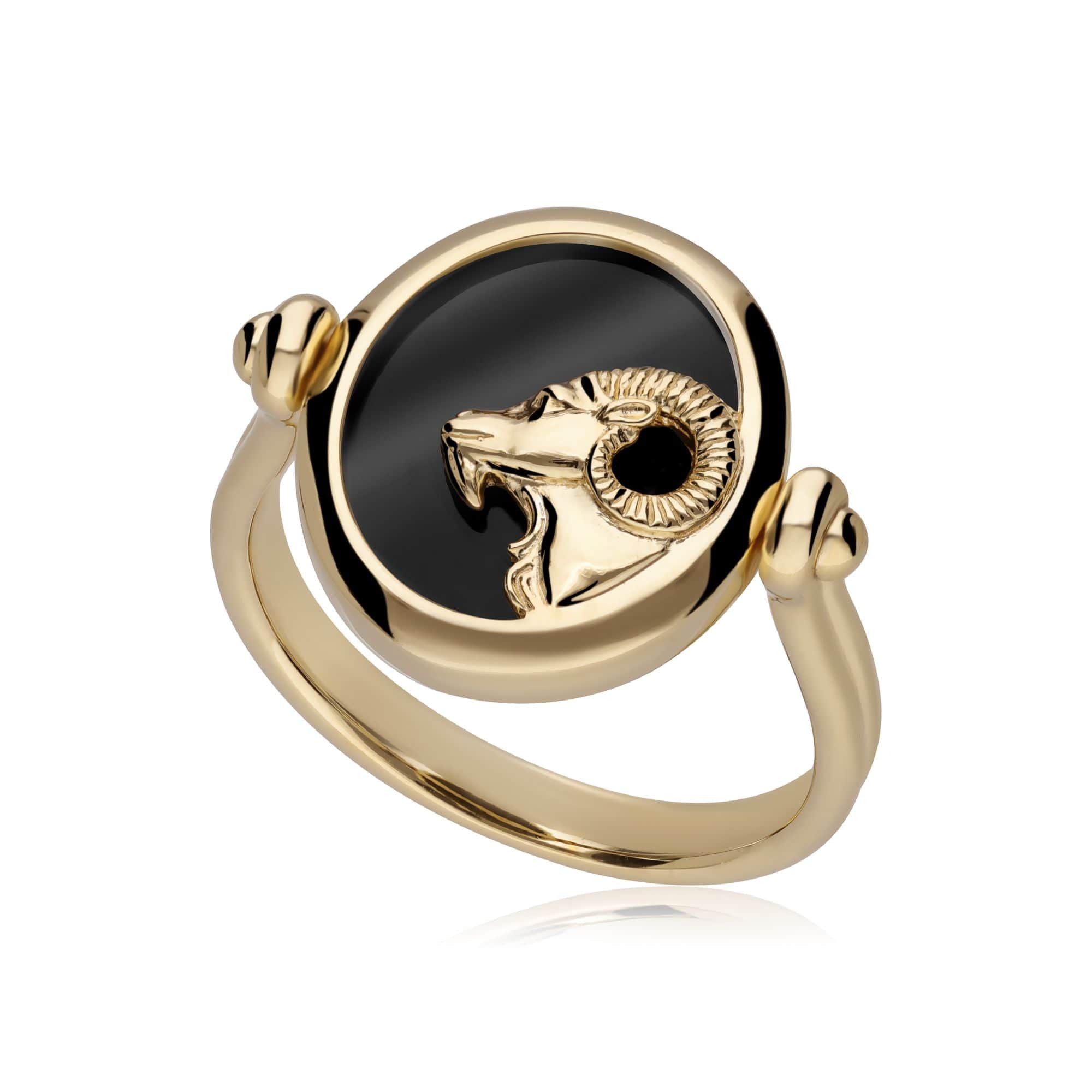 Product photograph of Zodiac Black Onyx Aries Flip Ring In 18ct Gold Plated Silver from Gemondo Jewellery