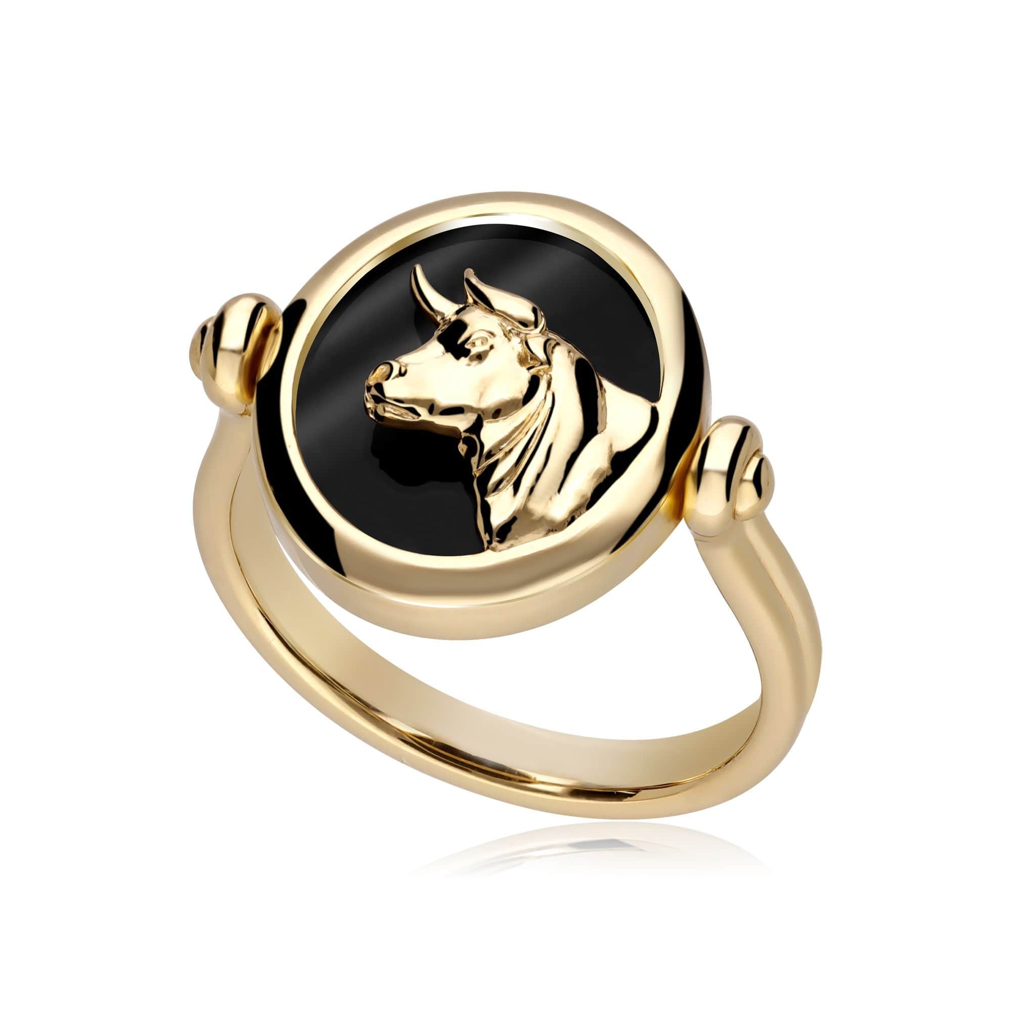 Product photograph of Zodiac Black Onyx Taurus Flip Ring In 18ct Gold Plated Silver from Gemondo Jewellery