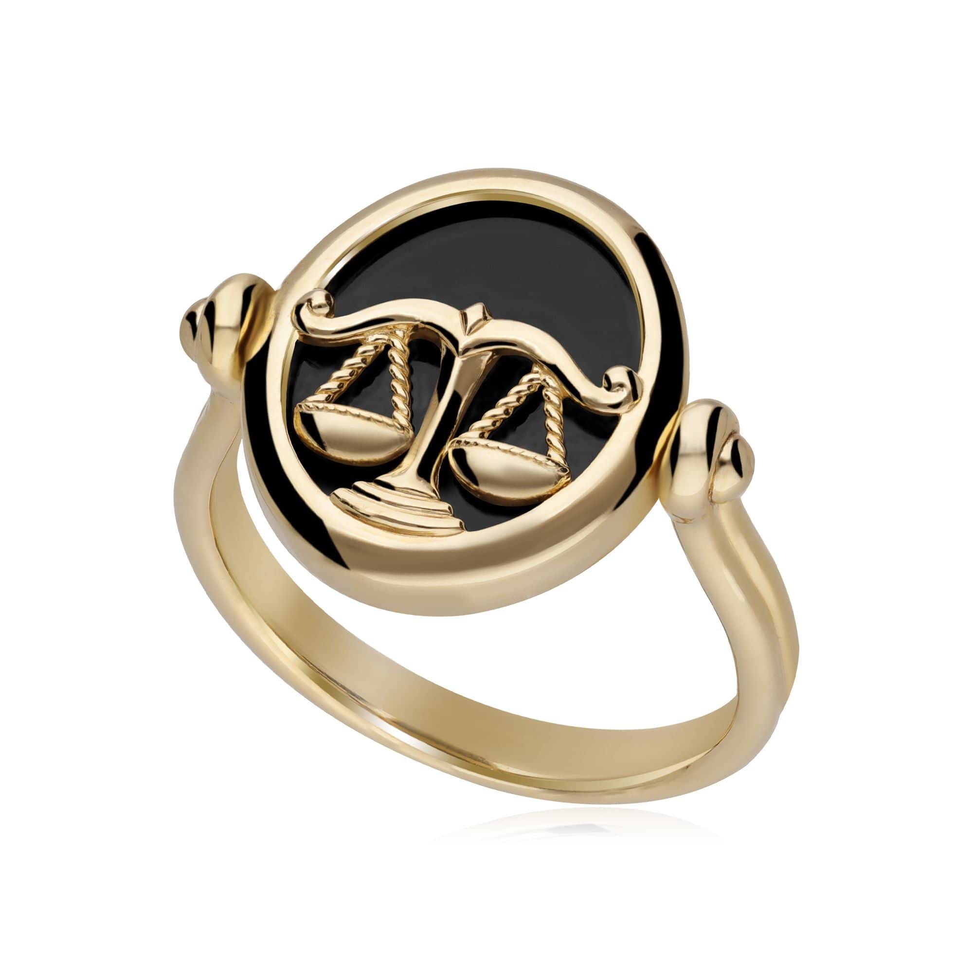 Product photograph of Zodiac Black Onyx Libra Flip Ring In 18ct Gold Plated Silver from Gemondo Jewellery