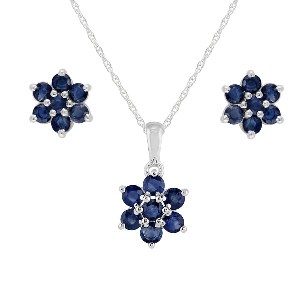 Product photograph of Floral Round Sapphire Flower Cluster Stud Earrings Pendant Set In 925 Sterling Silver from Gemondo Jewellery