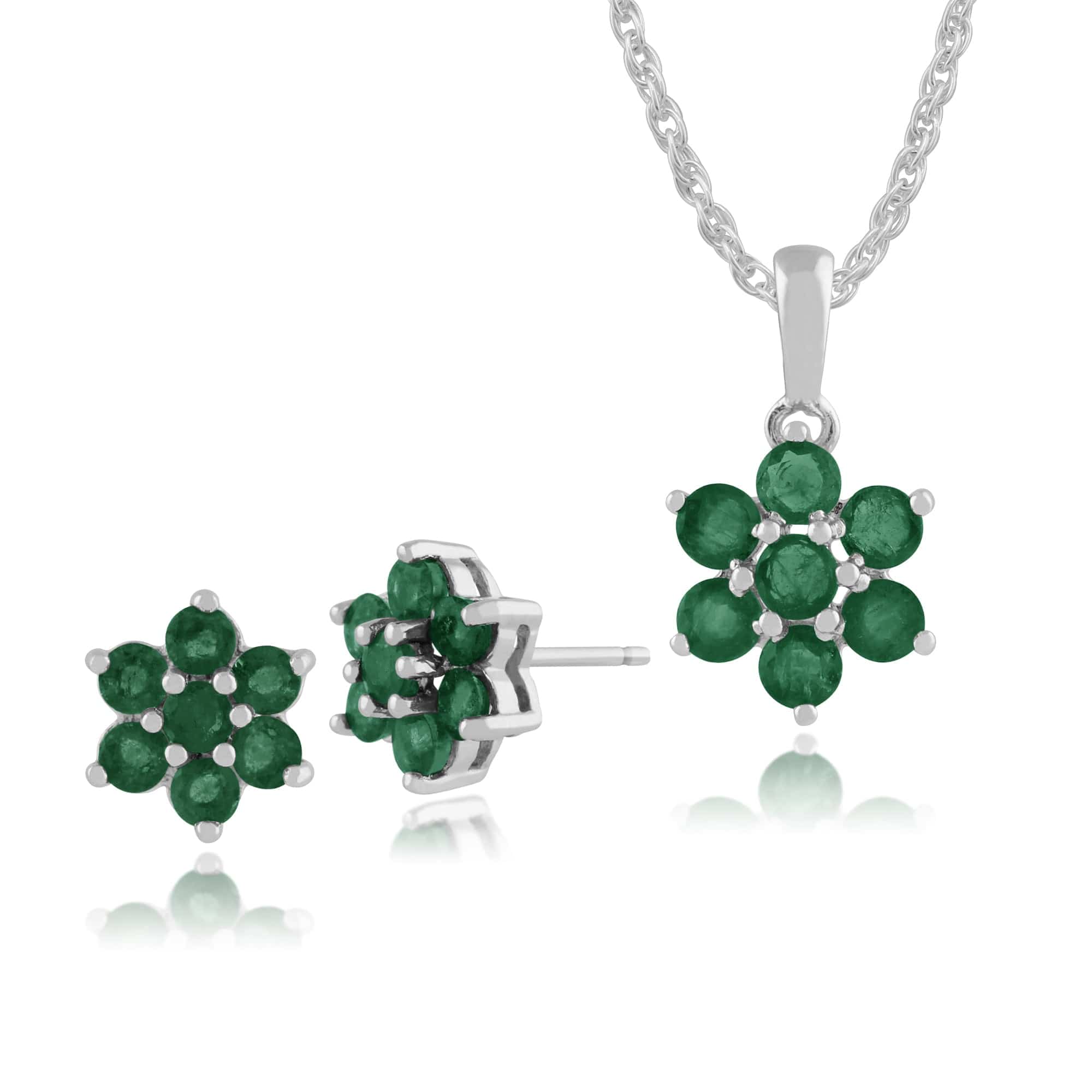 Product photograph of Floral Round Emerald Flower Cluster Stud Earrings Pendant Set In 925 Sterling Silver from Gemondo Jewellery