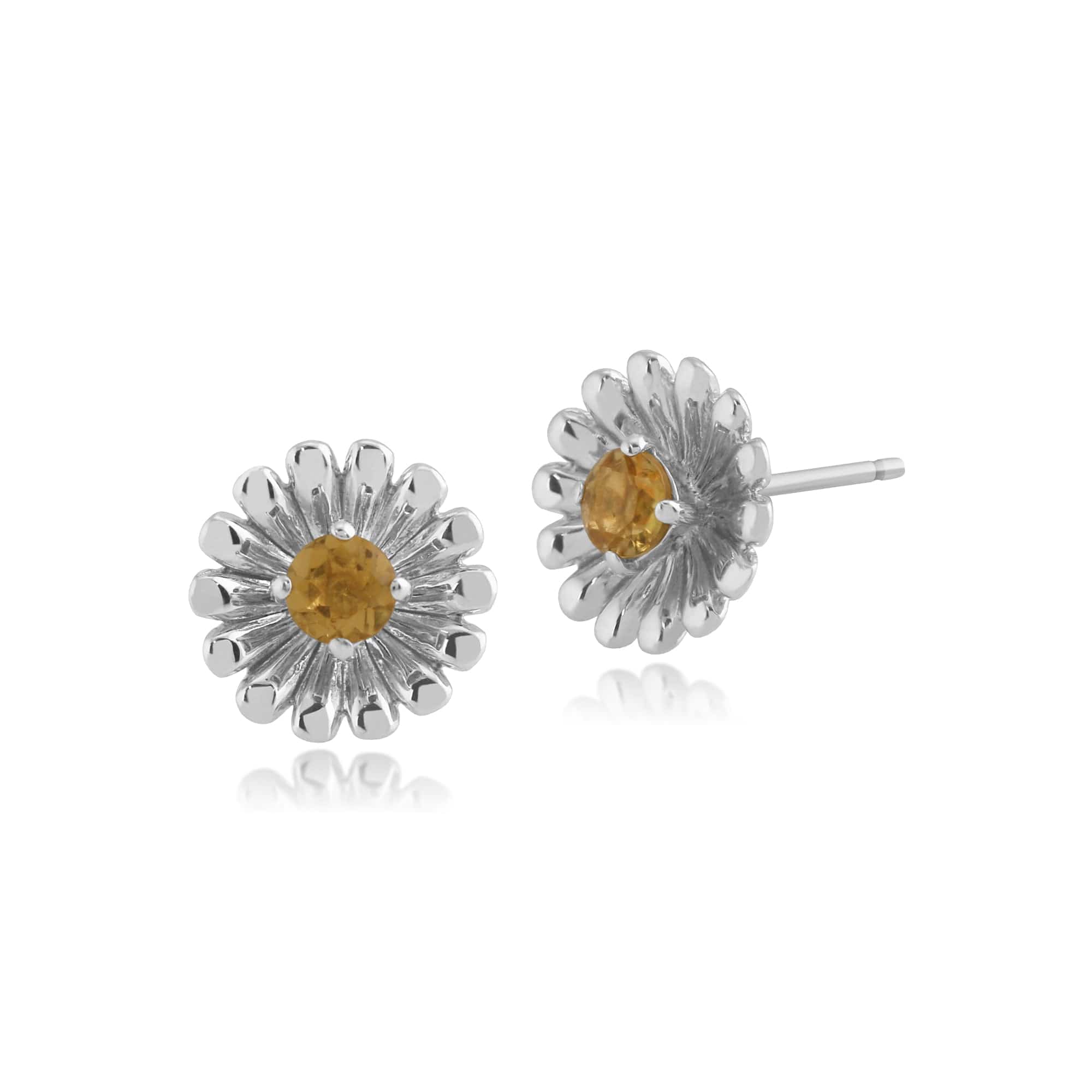 Product photograph of Floral Round Citrine Daisy Flower Stud Earrings In 925 Sterling Silver from Gemondo Jewellery