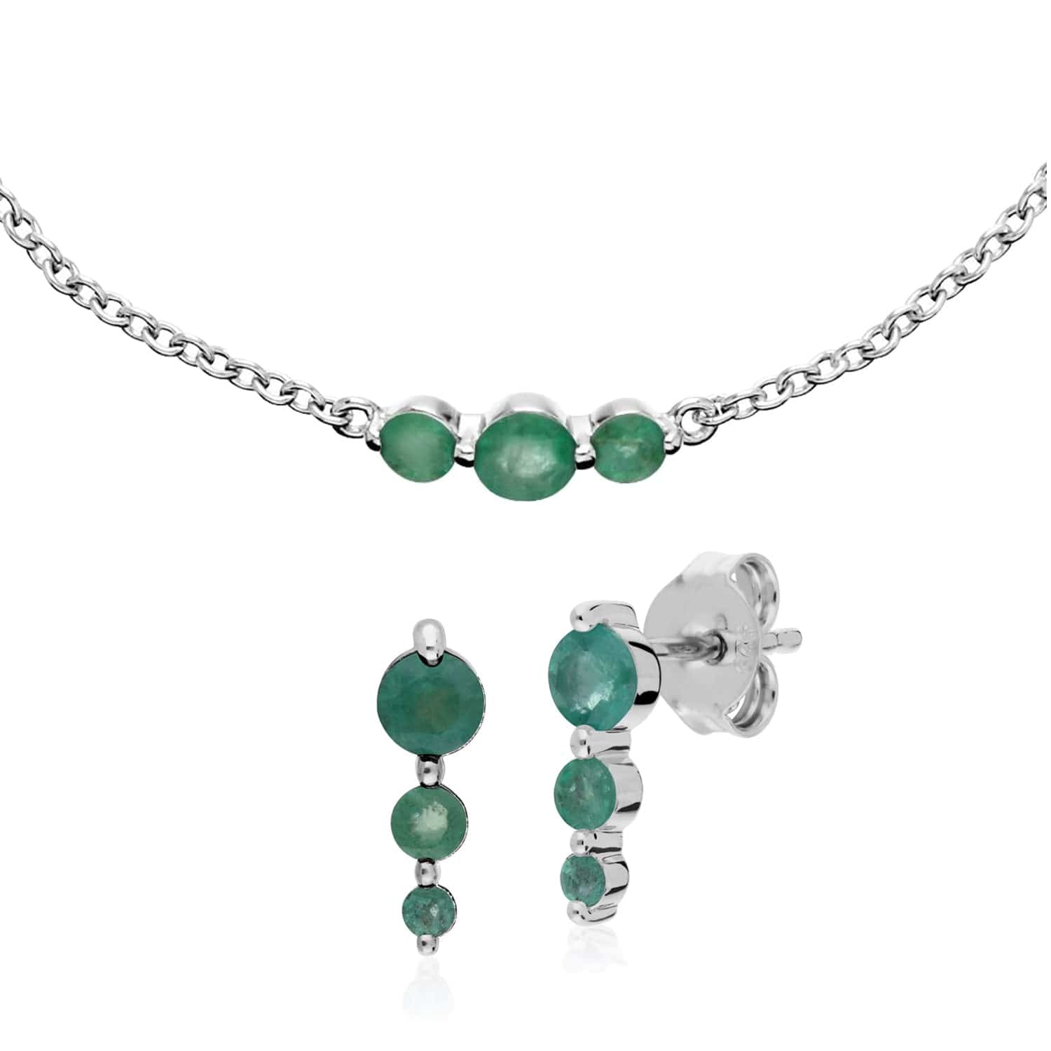 Product photograph of Classic Round Emerald Three Stone Gradient Earrings Bracelet Set In 925 Sterling Silver from Gemondo Jewellery