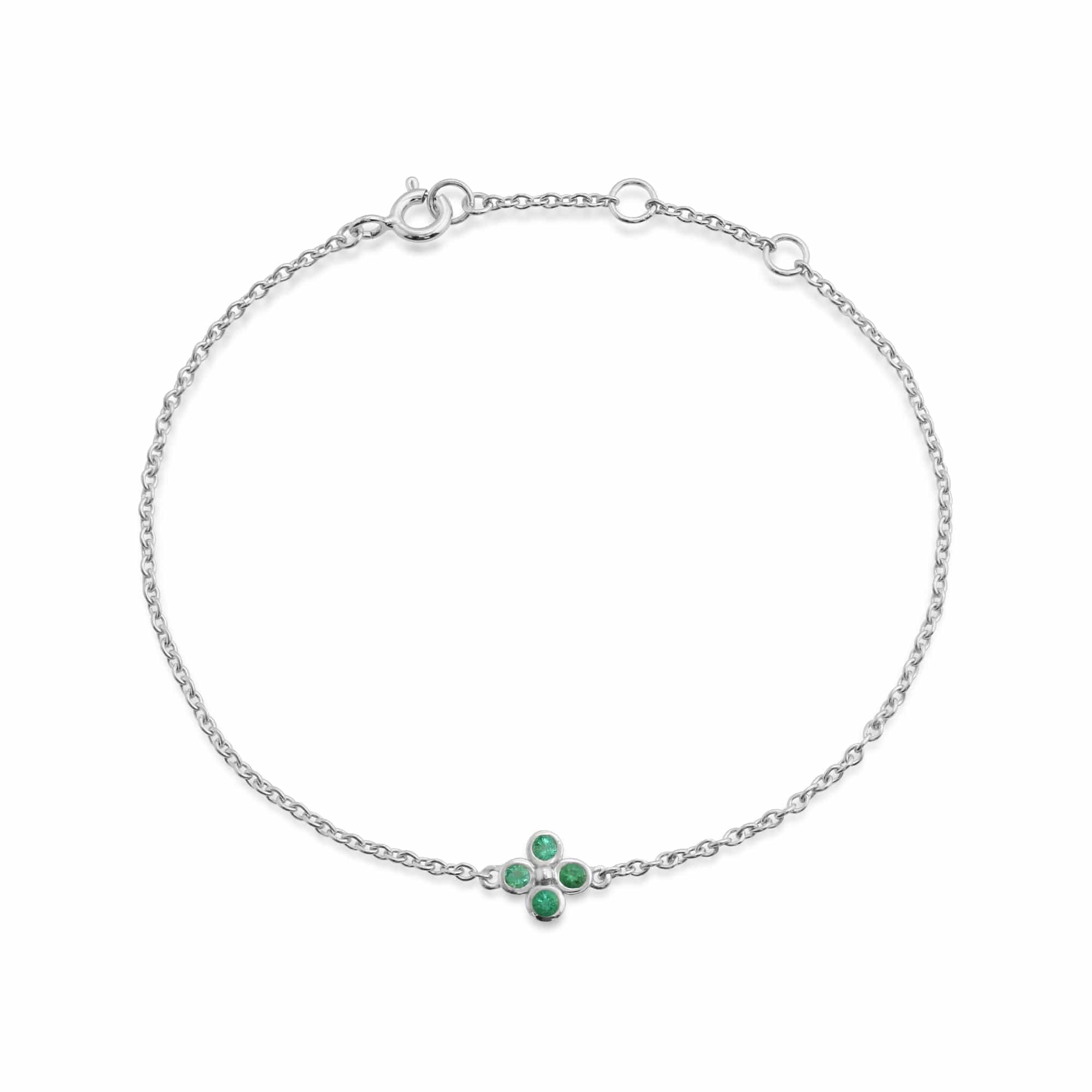 Product photograph of Floral Round Emerald Bezel Set Clover Bracelet In Sterling Silver from Gemondo Jewellery.