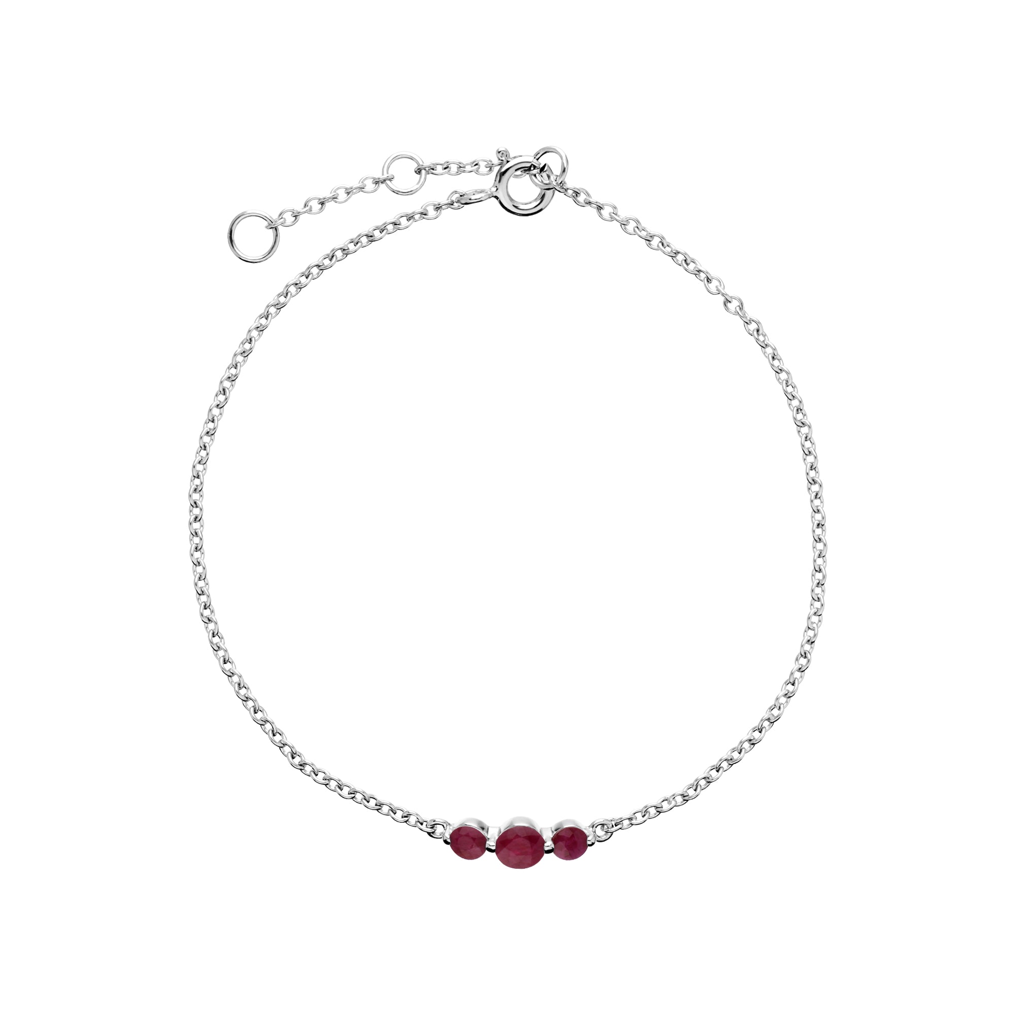 Product photograph of Classic Round Ruby Three Stone Gradient Bracelet In Sterling Silver from Gemondo Jewellery