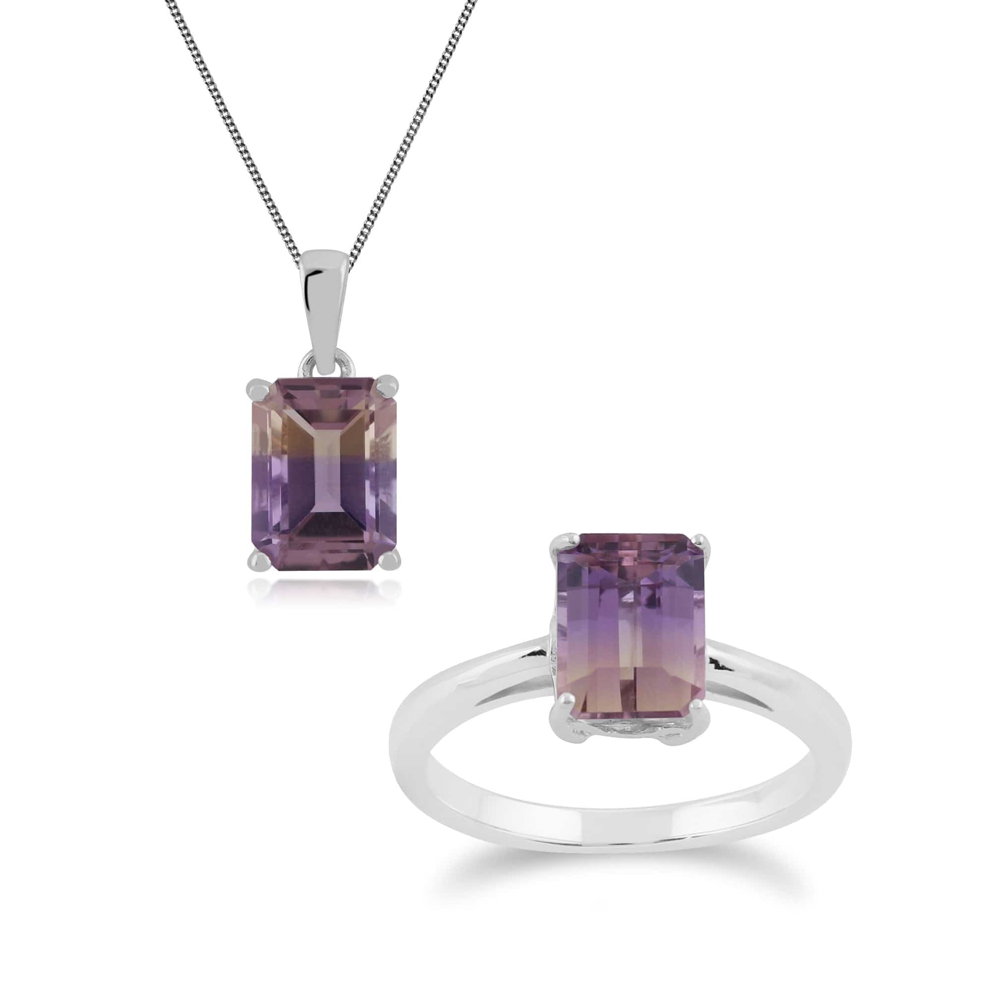 Product photograph of Classic Baguette Ametrine Claw Set Pendant Ring Set In 925 Sterling Silver from Gemondo Jewellery