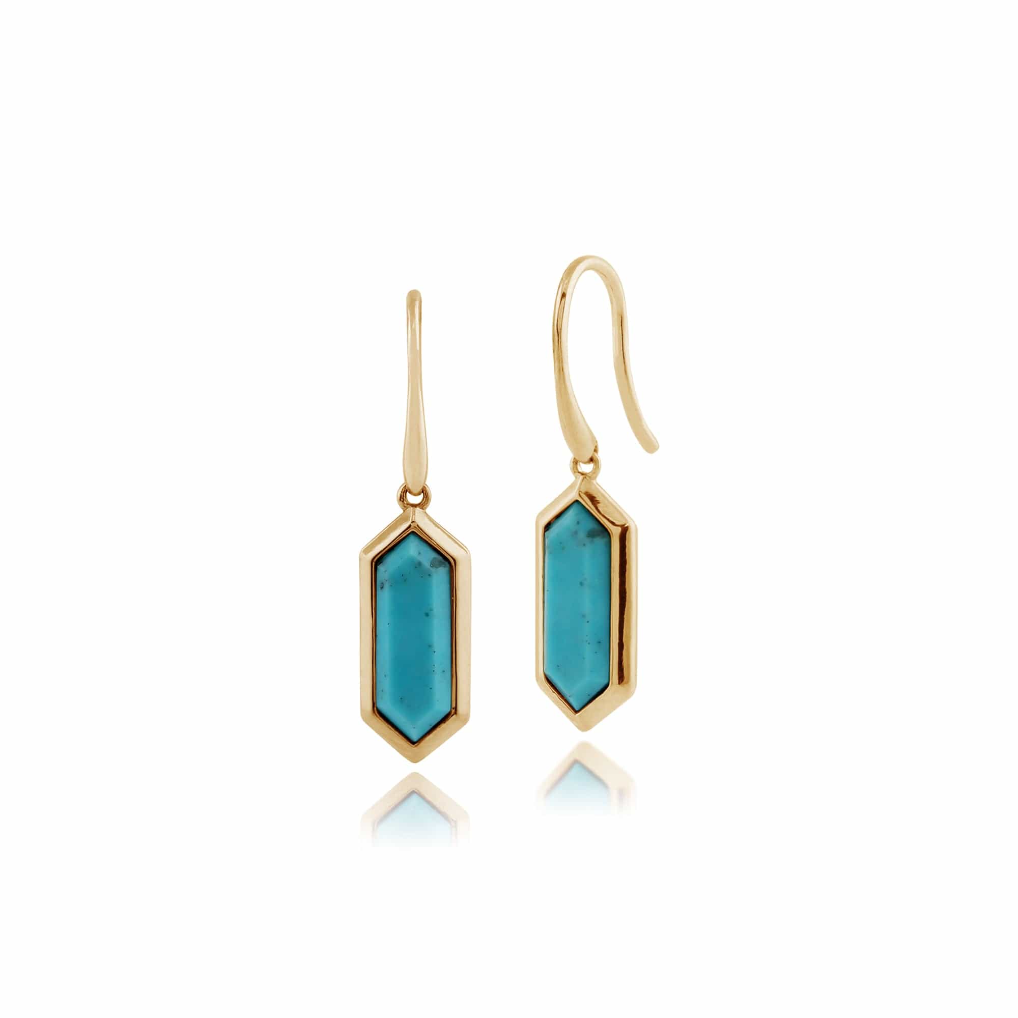 Product photograph of Geometric Hexagon Turquoise Prism Drop Earrings In Gold Plated Silver from Gemondo Jewellery