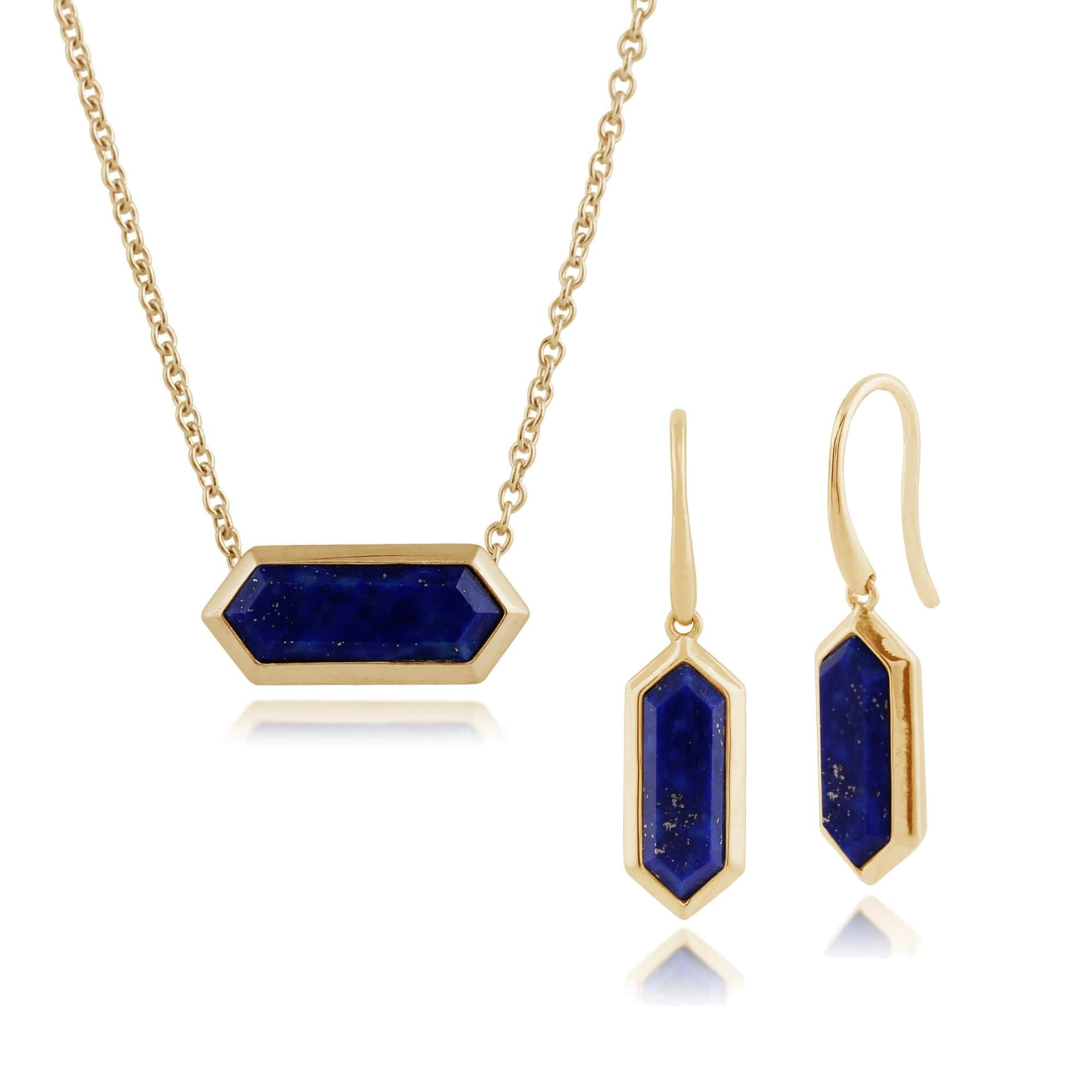 Product photograph of Geometric Hexagon Lapis Lazuli Drop Earrings Pendant Set In Gold Plated Silver from Gemondo Jewellery