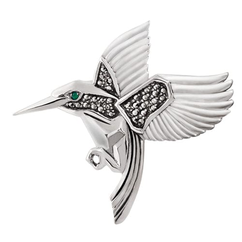 Image of Art Nouveau Style Round Marcasite Hummingbird Brooch in 925 Sterling Silver