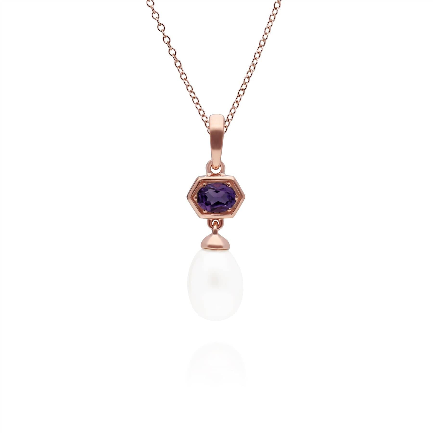 Image of Modern Pearl & Amethyst Hexagon Drop Pendant in Rose Gold Plated Silver