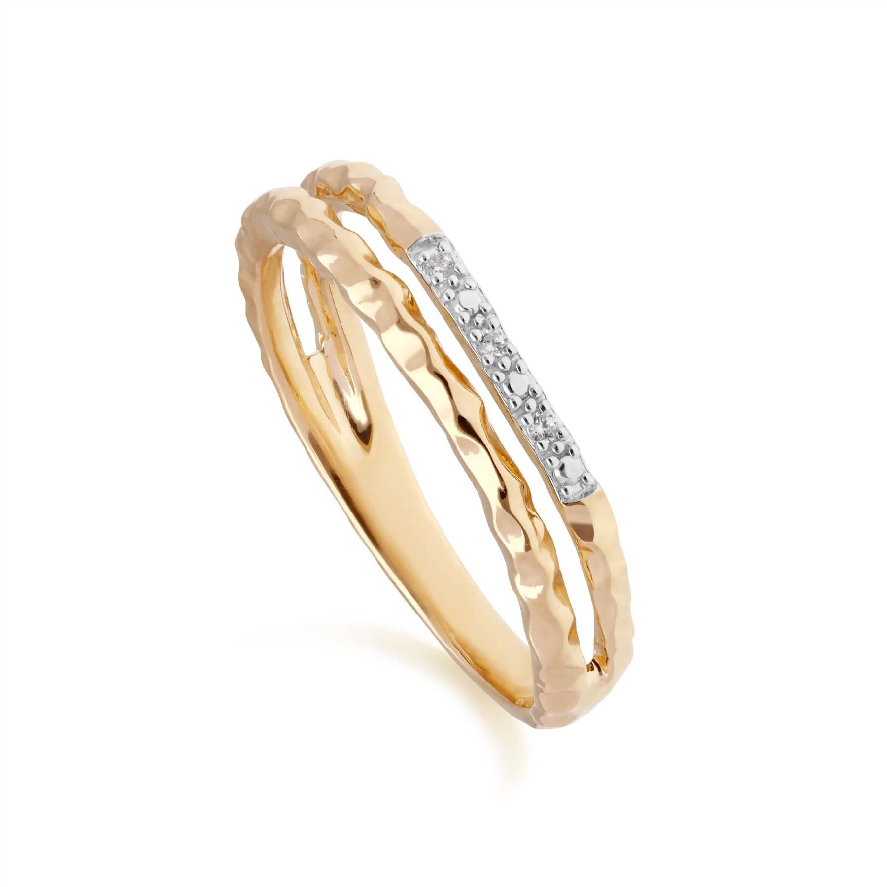 Product photograph of Diamond Pav Hammered Double Band Ring In 9ct Yellow Gold from Gemondo Jewellery