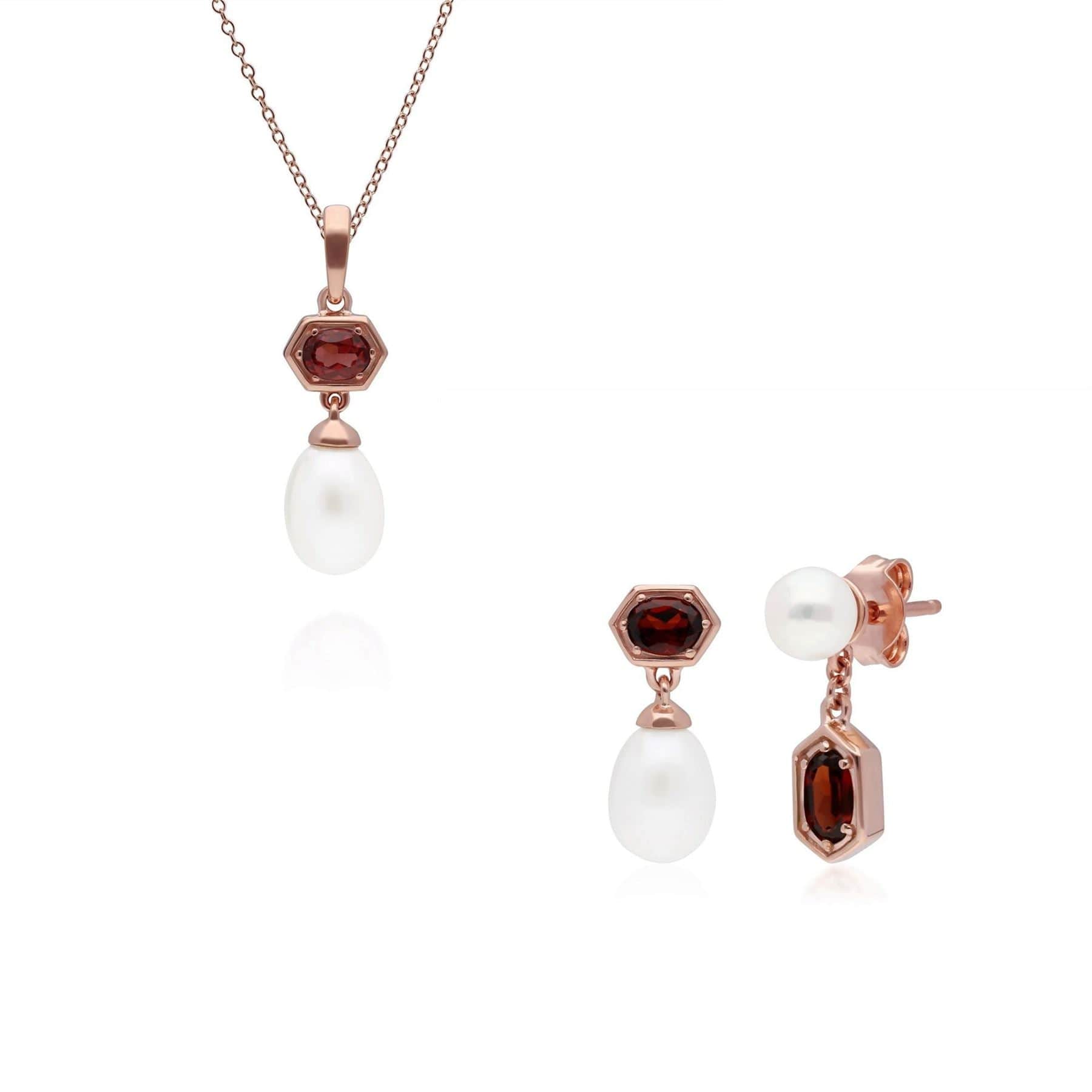 Product photograph of Modern Pearl Garnet Pendant Earring Set In Rose Gold Plated Silver from Gemondo Jewellery