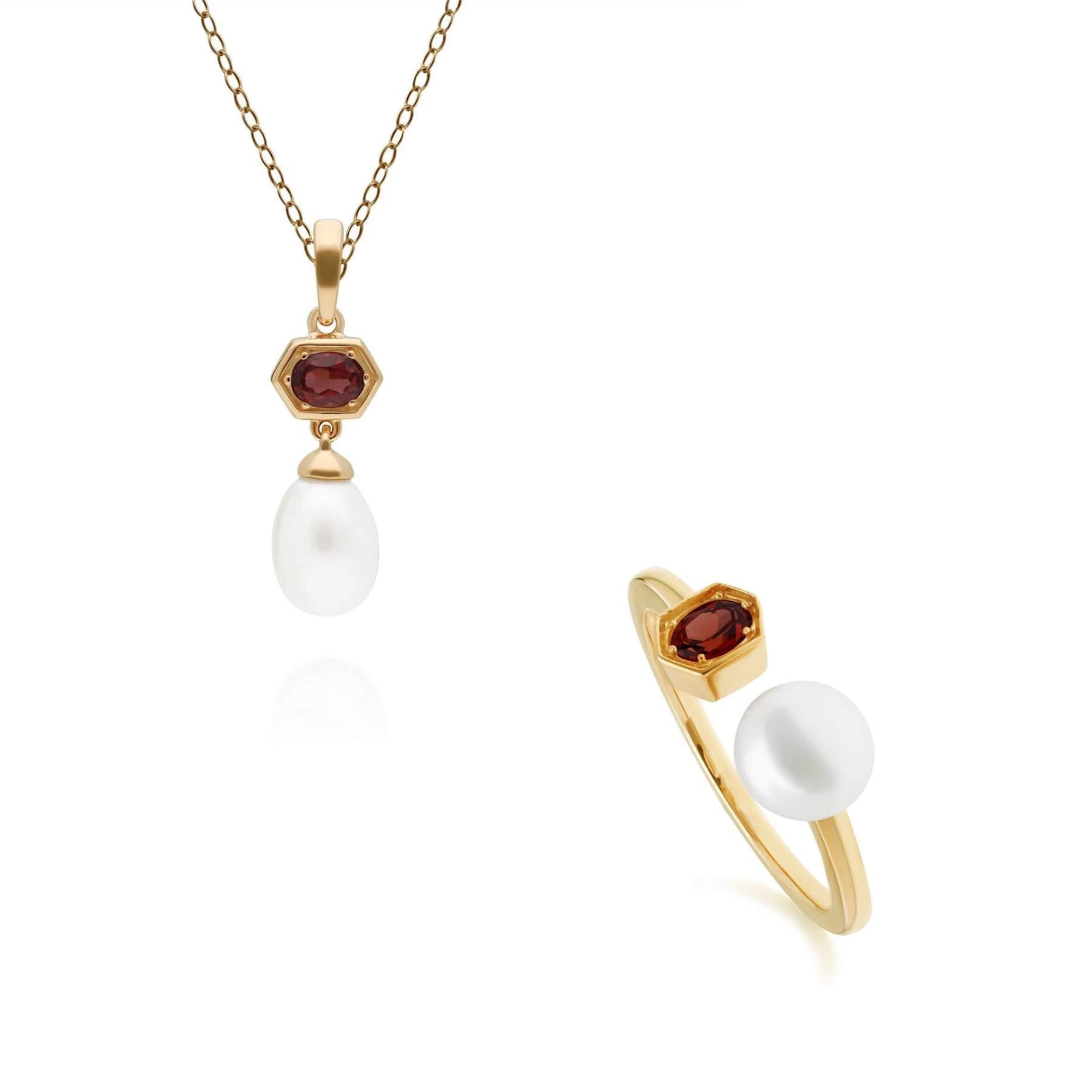 Product photograph of Modern Pearl Garnet Pendant Ring Set In Gold Plated Silver from Gemondo Jewellery