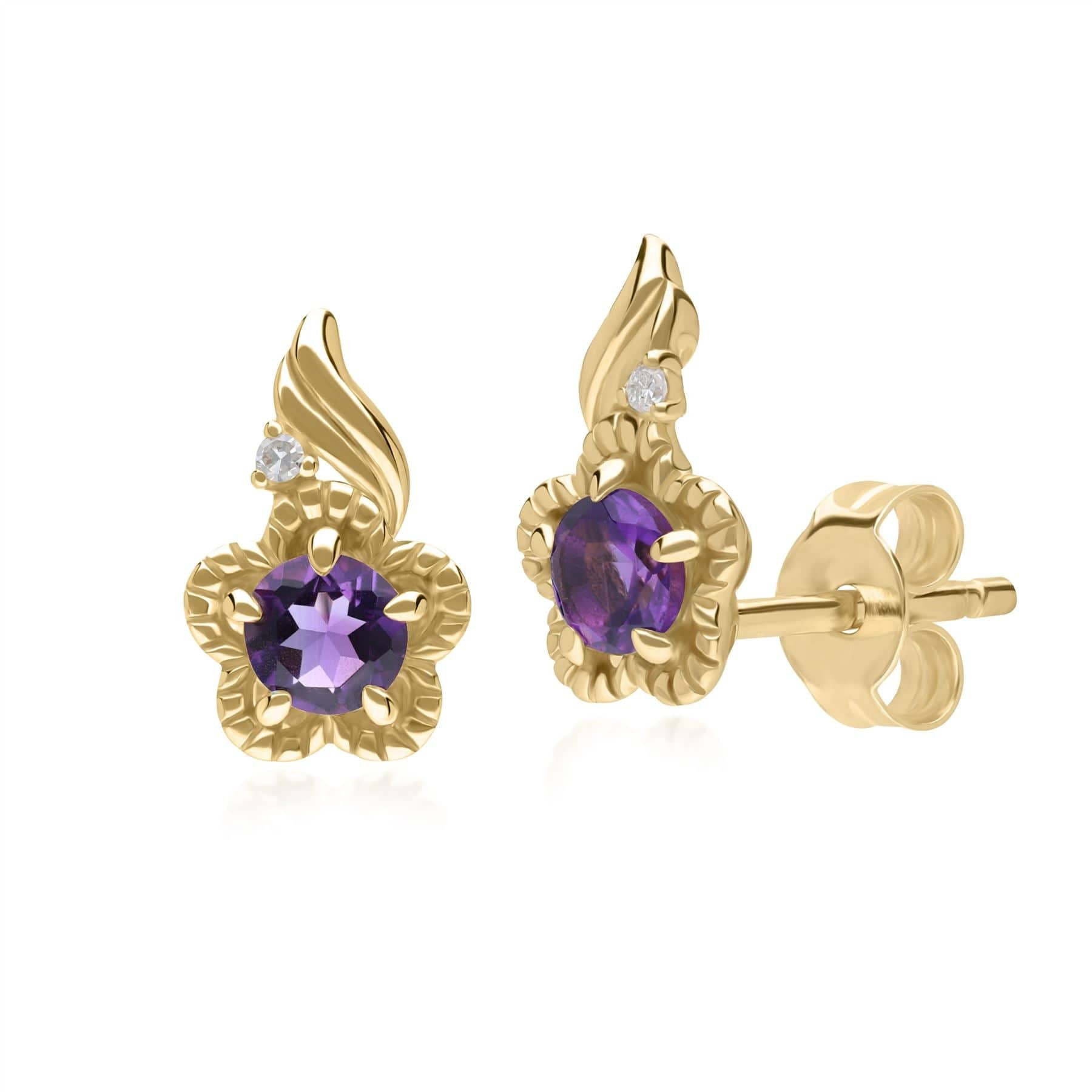 Image of Floral Round Amethyst & Diamond Stud Earrings in 9ct Yellow Gold