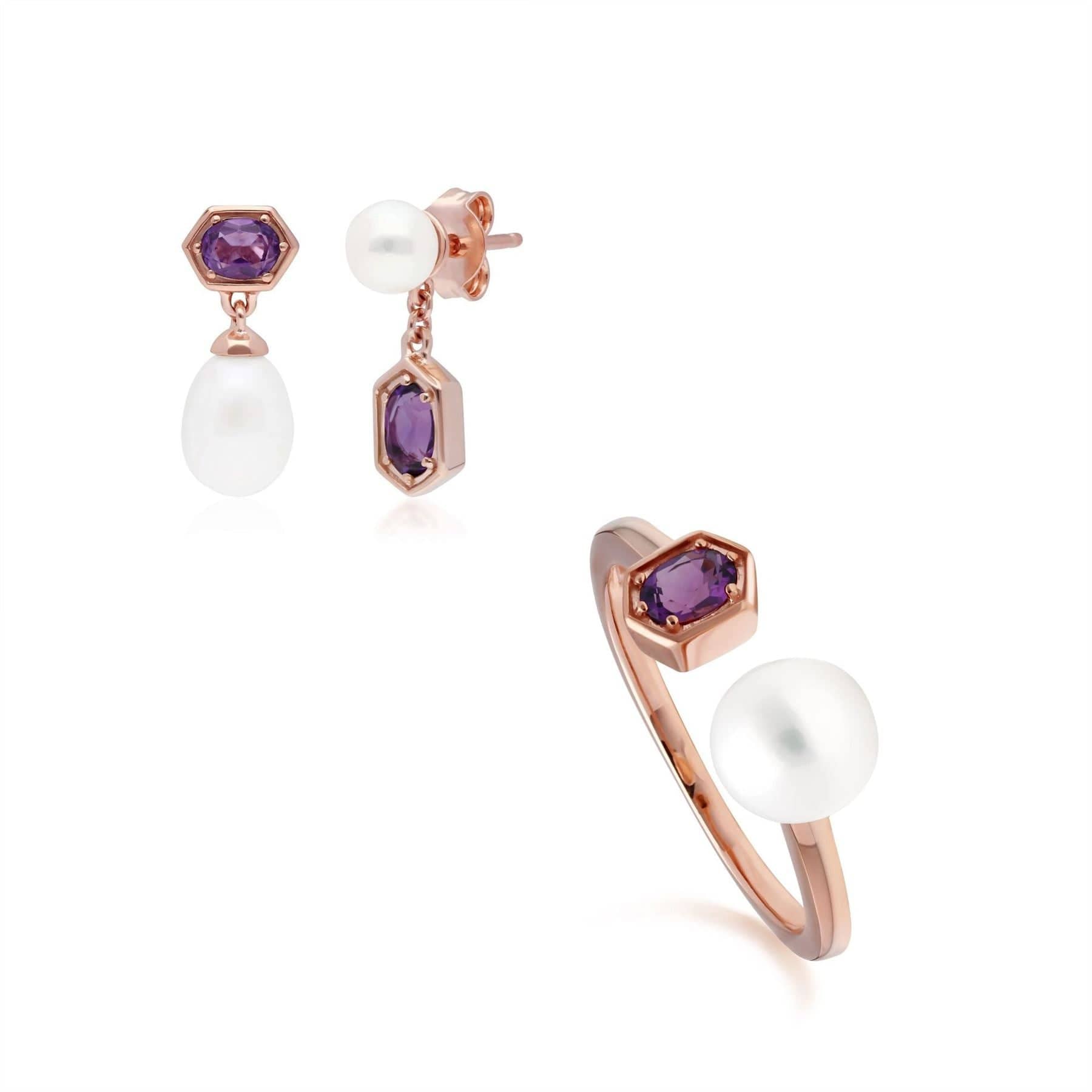 Image of Modern Pearl & Amethyst Earring & Ring Set in Rose Gold Plated Silver