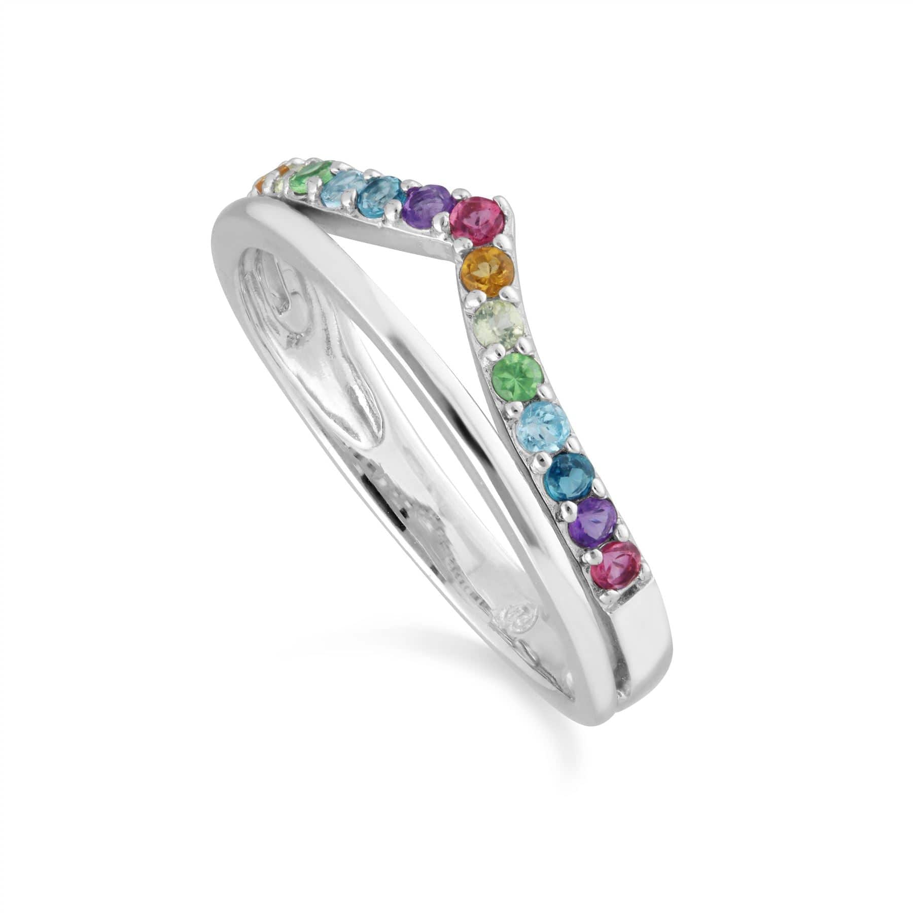 Product photograph of Rainbow Gems Wishbone Style Ring In Sterling Silver from Gemondo Jewellery