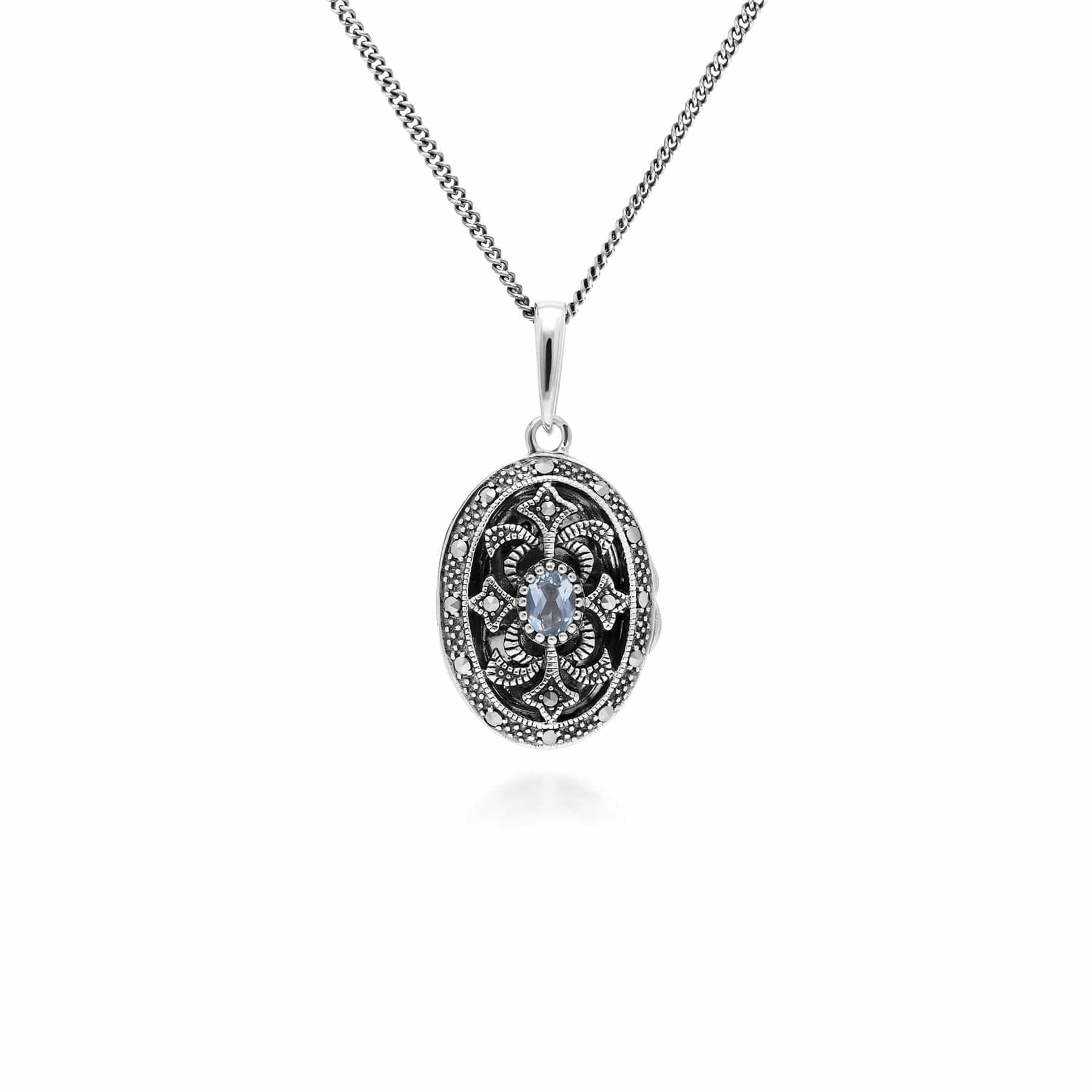 Image of Art Nouveau Style Oval Topaz & Marcasite Locket Necklace in 925 Sterling Silver