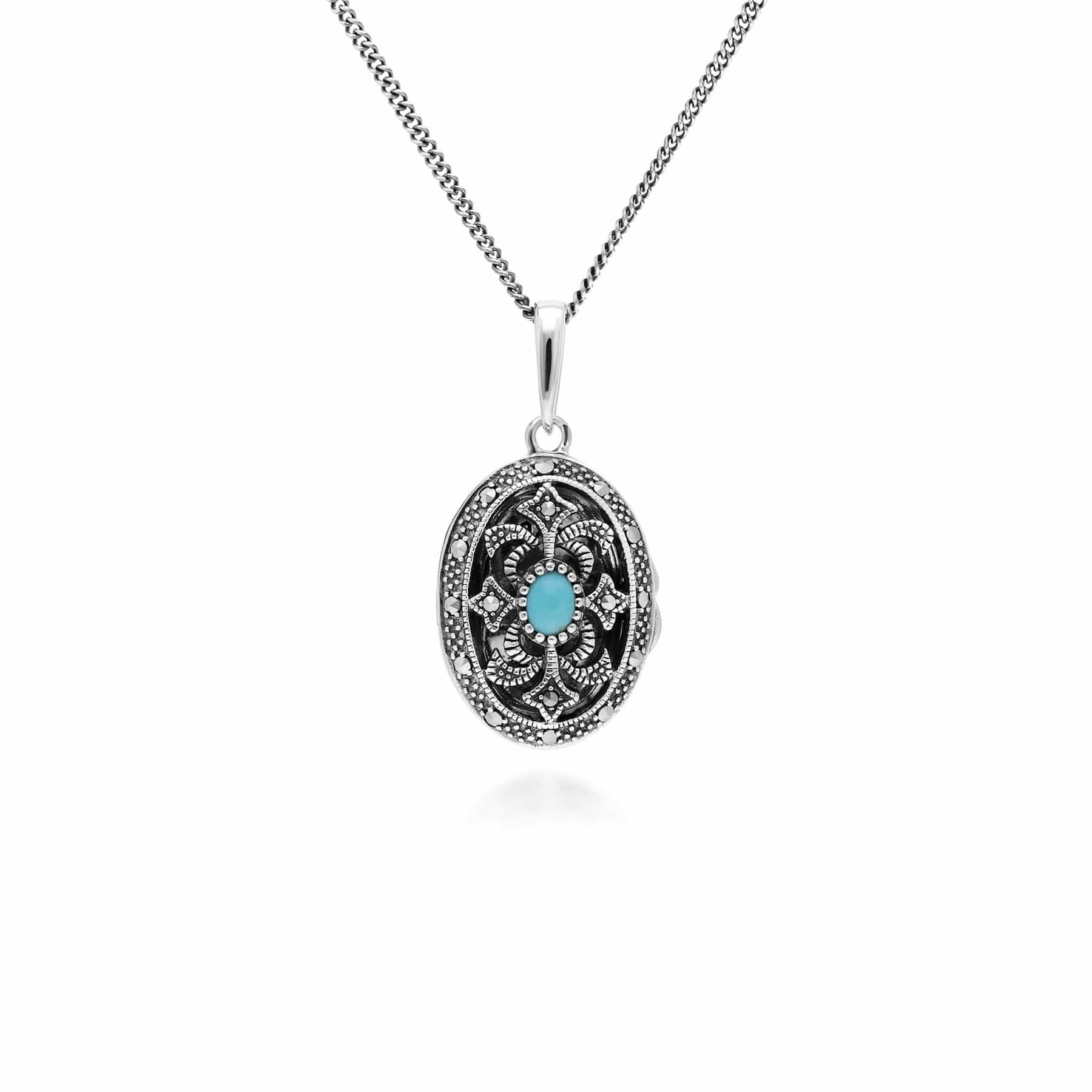 Image of Art Nouveau Style Oval Turquoise & Marcasite Locket Necklace in 925 Sterling Silver