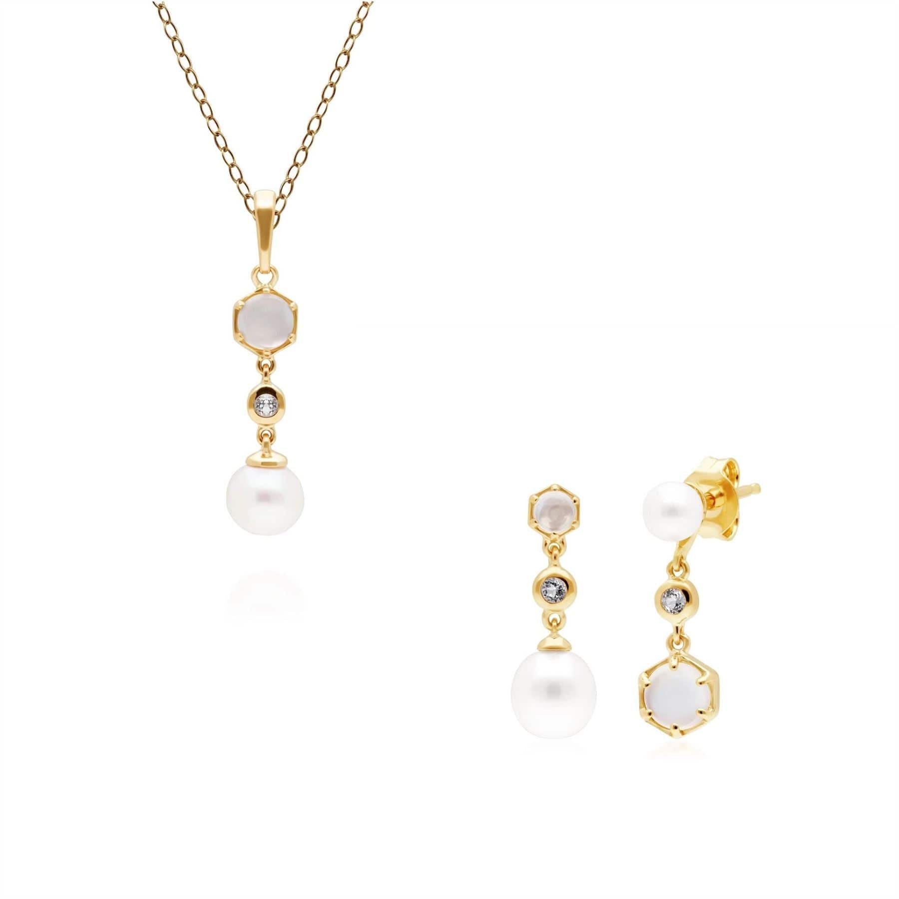 Product photograph of Modern Pearl Topaz Moonstone Pendant Earring Set In Gold Plated Silver from Gemondo Jewellery