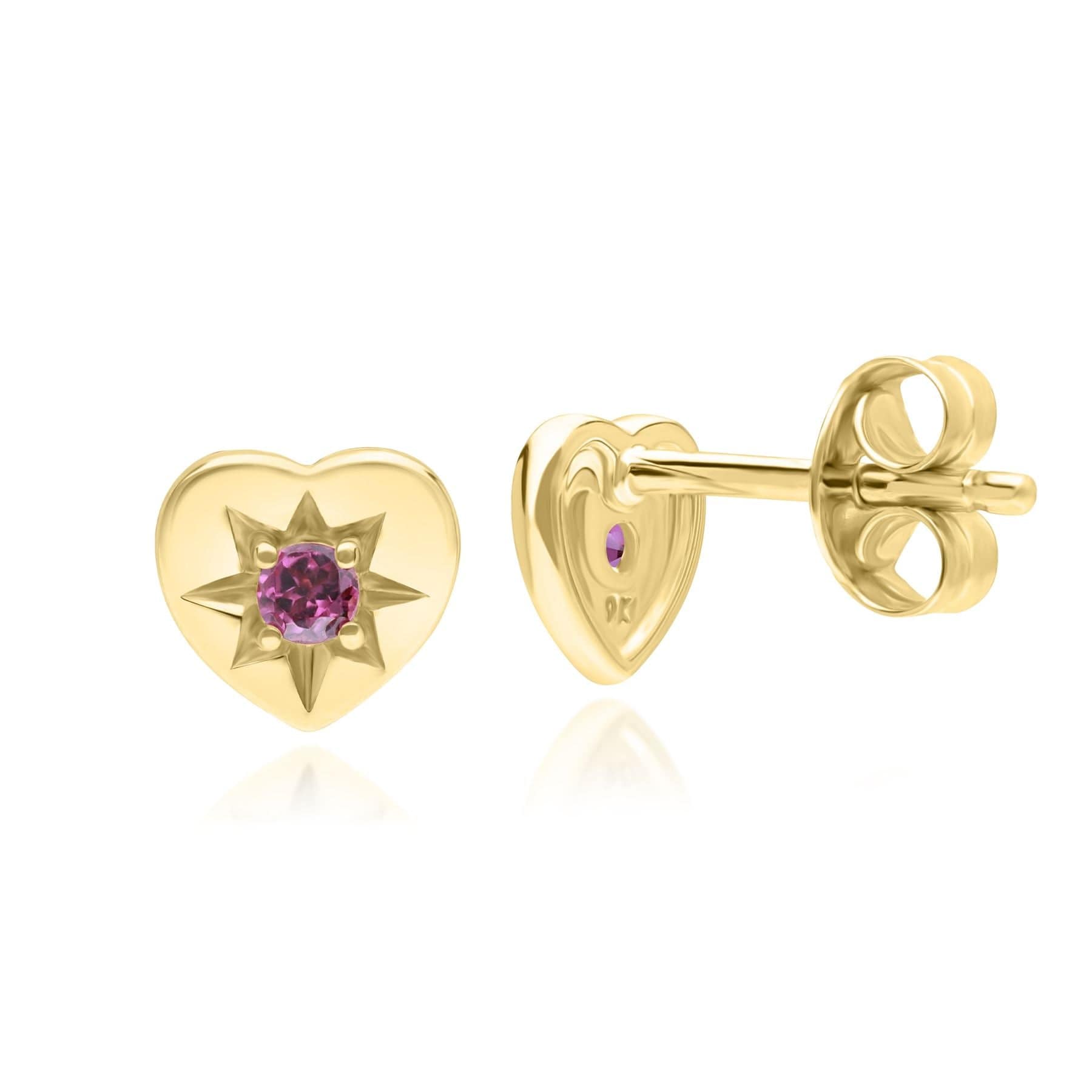 Product photograph of Ecfew The Liberator Rhodolite Heart Stud Earrings In 9ct Yellow Gold from Gemondo Jewellery
