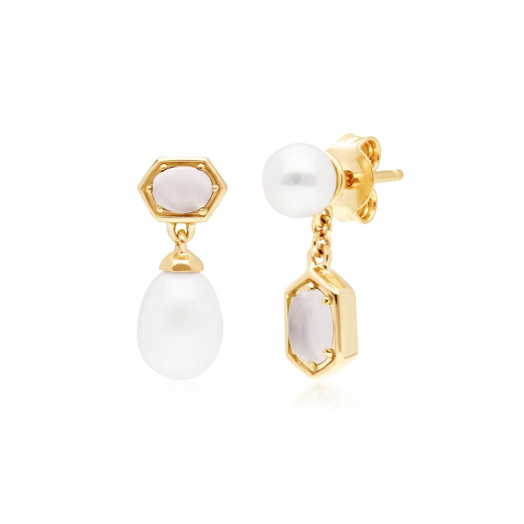 Product photograph of Modern Pearl Moonstone Mismatched Drop Earrings In Gold Plated Silver from Gemondo Jewellery